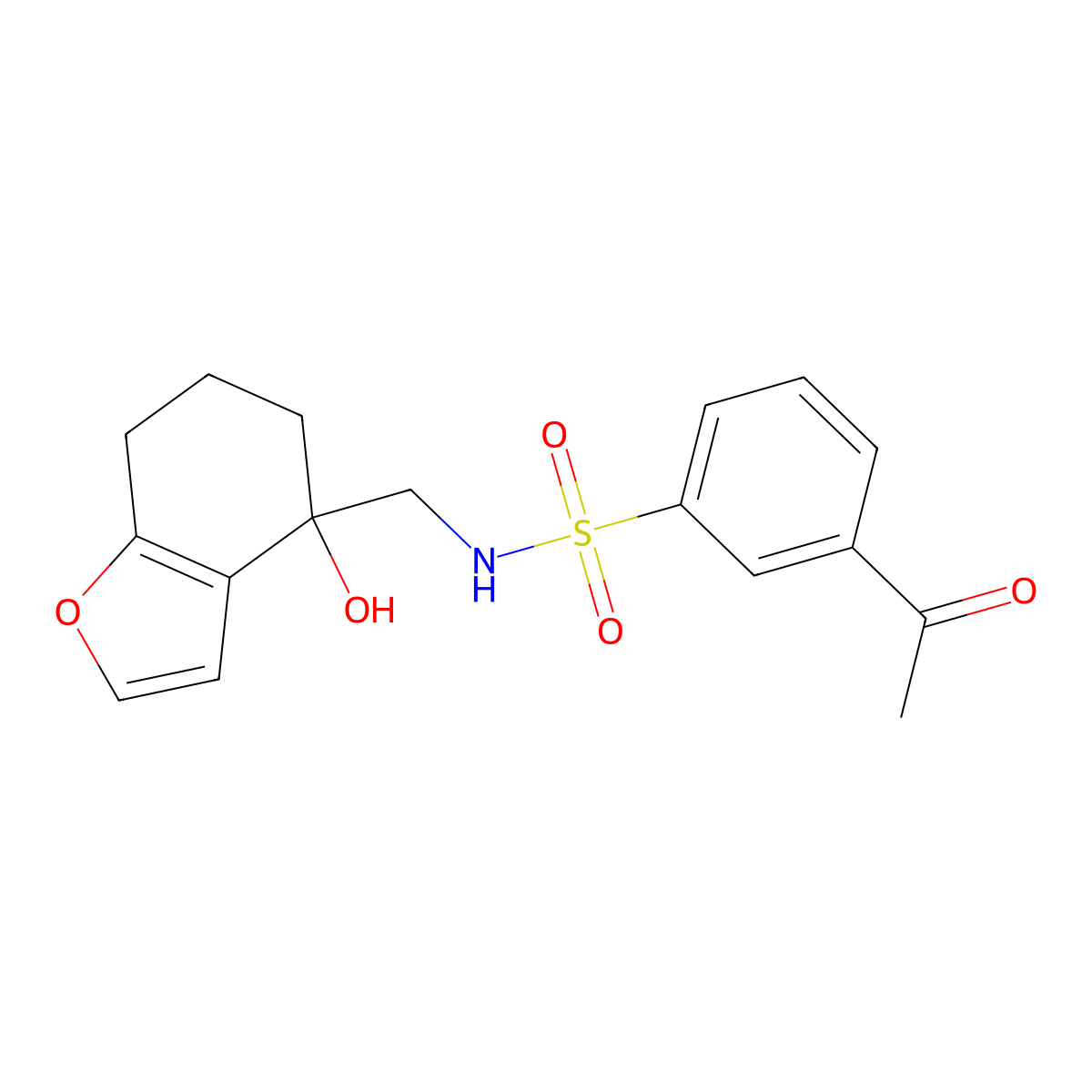 3-acetyl-N-[(4-hydroxy-4,5,6,7-tetrahydro-1-benzofuran-4-yl)methyl]benzene-1-sulfonamide molecular structure, CAS 2310141-78-5