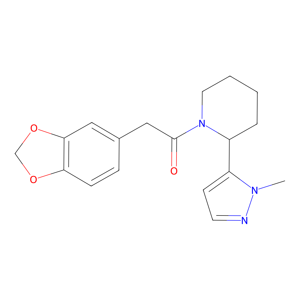 2-(2H-1,3-benzodioxol-5-yl)-1-[2-(1-methyl-1H-pyrazol-5-yl)piperidin-1-yl]ethan-1-one molecular structure, CAS 2310141-89-8