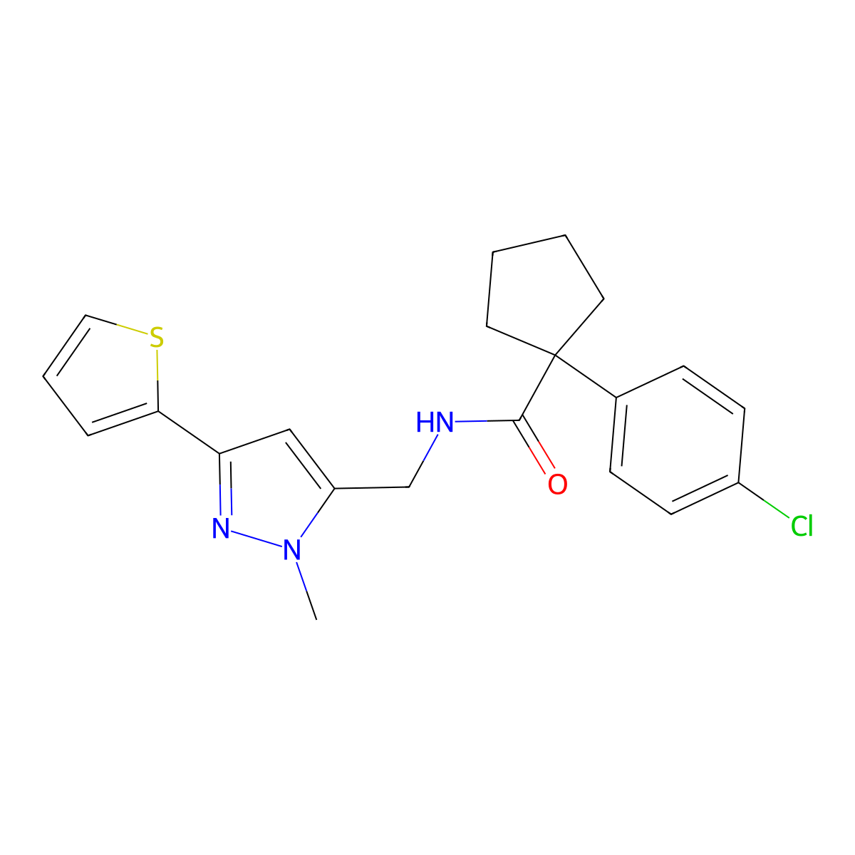1-(4-chlorophenyl)-N-{[1-methyl-3-(thiophen-2-yl)-1H-pyrazol-5-yl]methyl}cyclopentane-1-carboxamide molecular structure, CAS 2310142-72-2