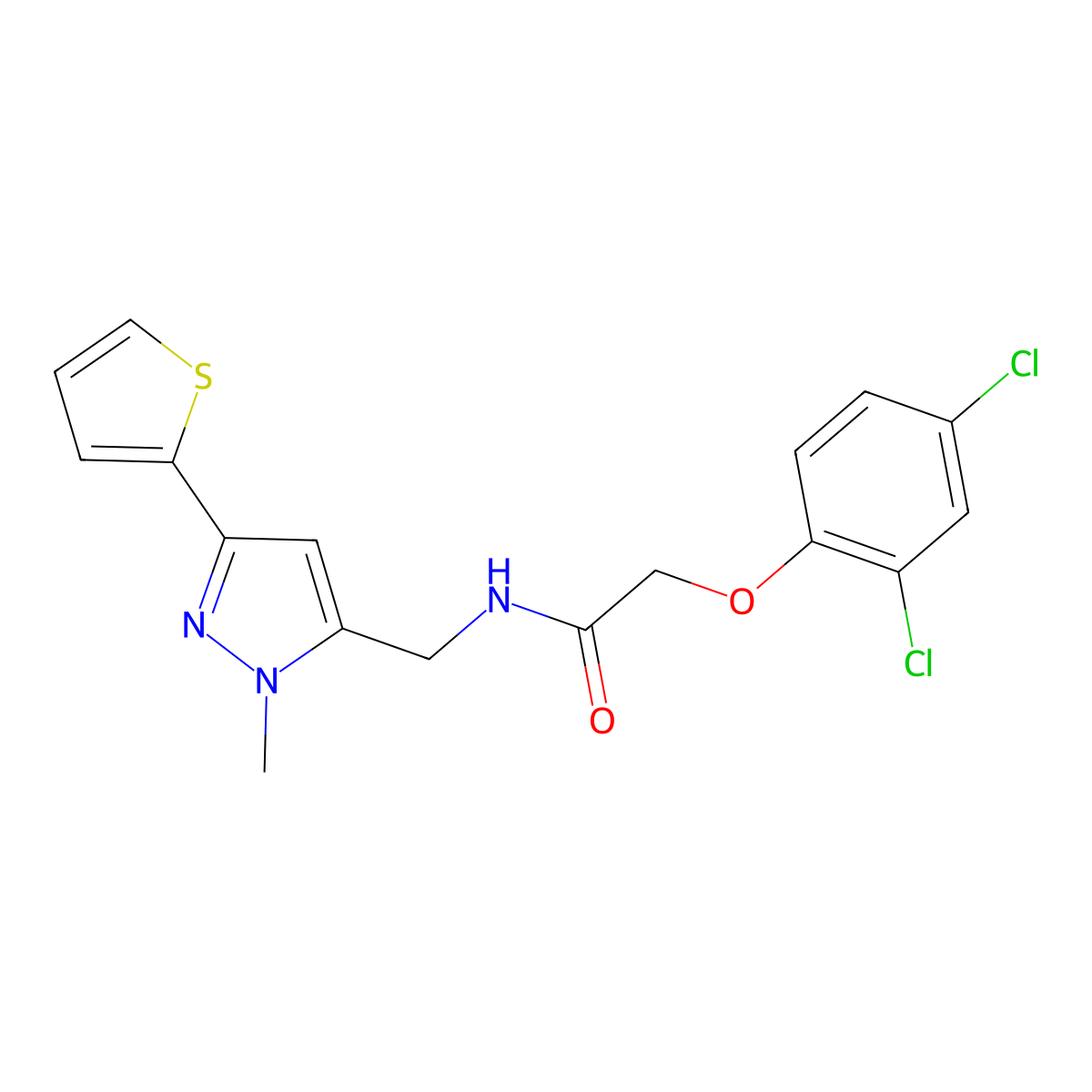2-(2,4-dichlorophenoxy)-N-{[1-methyl-3-(thiophen-2-yl)-1H-pyrazol-5-yl]methyl}acetamide molecular structure, CAS 2310142-96-0