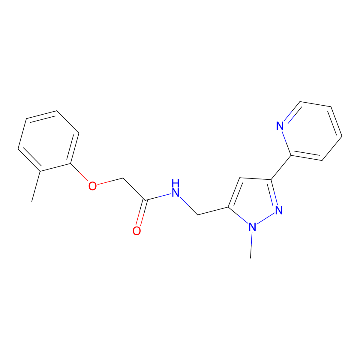 N-{[1-methyl-3-(pyridin-2-yl)-1H-pyrazol-5-yl]methyl}-2-(2-methylphenoxy)acetamide molecular structure, CAS 2310143-10-1