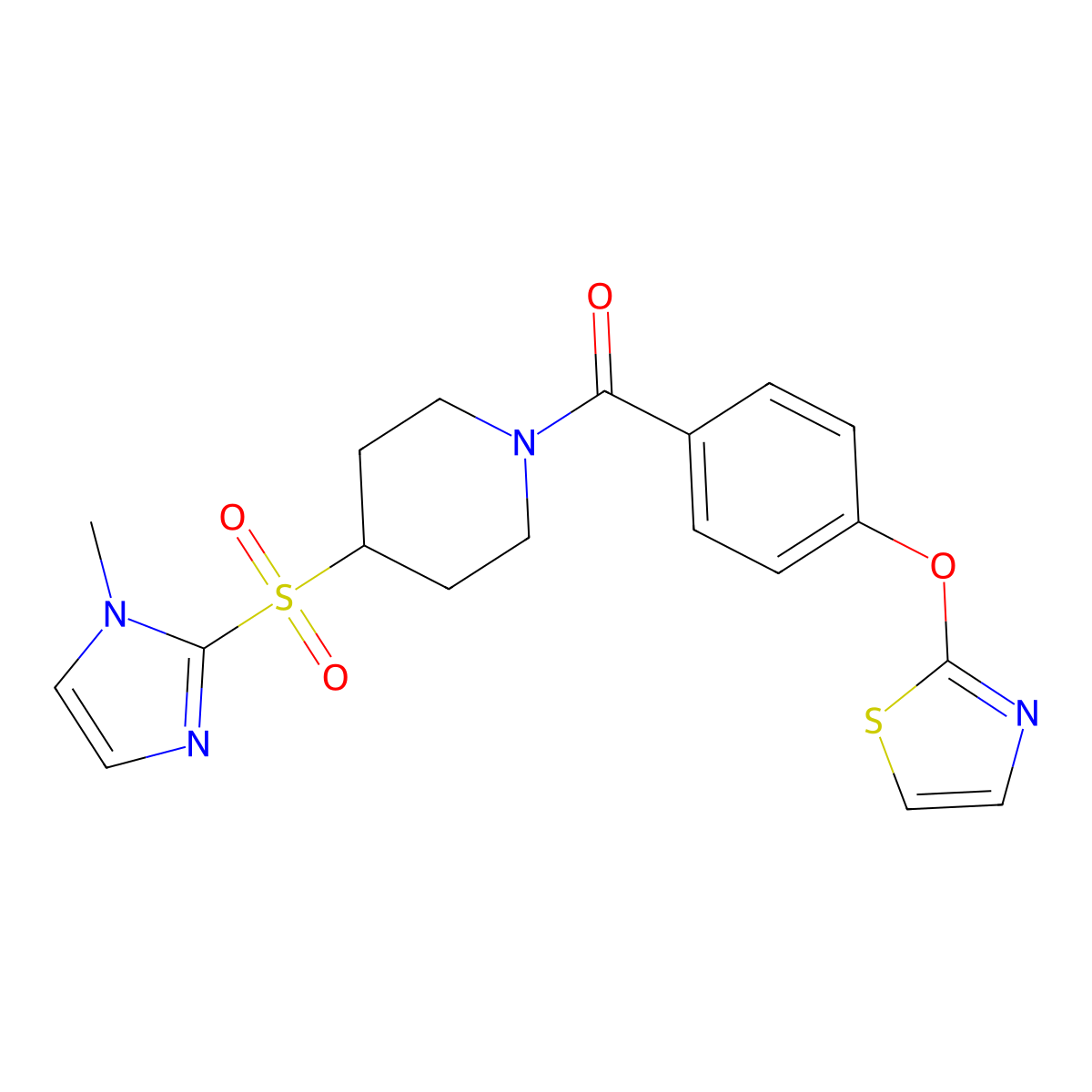 (4-((1-methyl-1H-imidazol-2-yl)sulfonyl)piperidin-1-yl)(4-(thiazol-2-yloxy)phenyl)methanone molecular structure, CAS 2310143-32-7