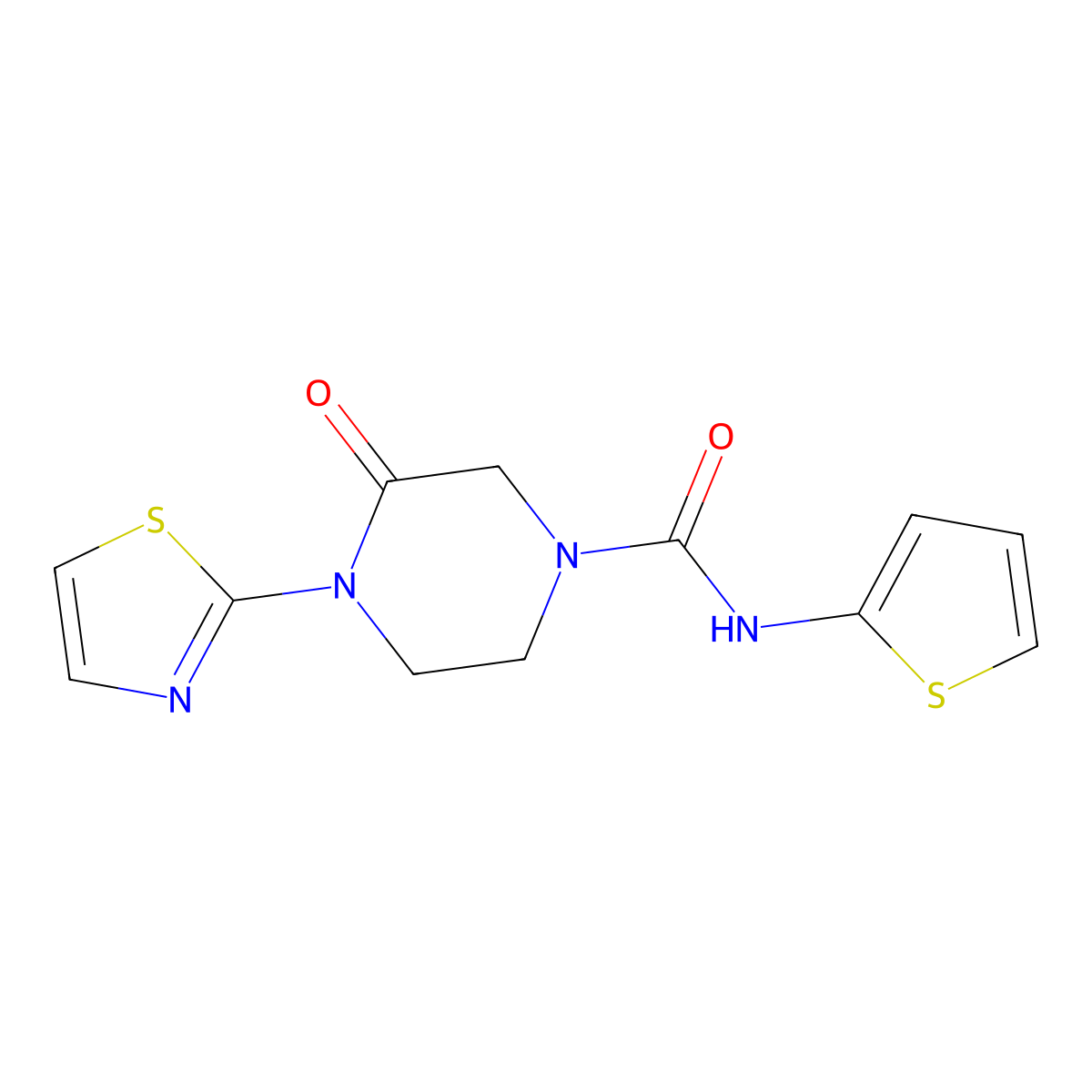 3-oxo-4-(1,3-thiazol-2-yl)-N-(thiophen-2-yl)piperazine-1-carboxamide molecular structure, CAS 2310143-40-7