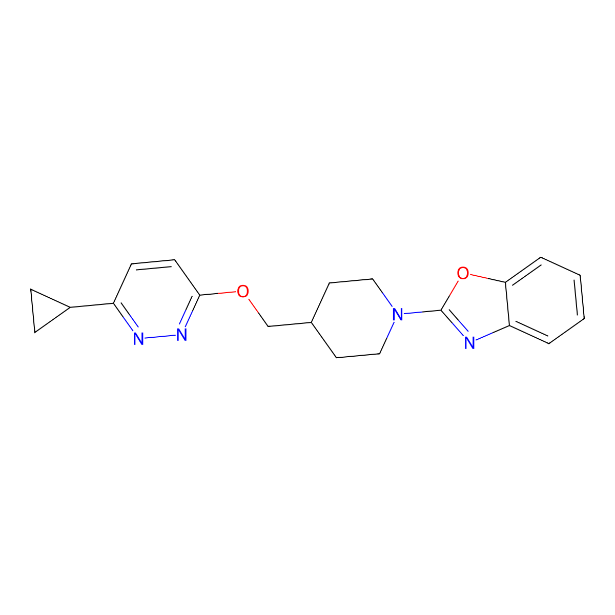 2-(4-{[(6-Cyclopropylpyridazin-3-yl)oxy]methyl}piperidin-1-yl)-1,3-benzoxazole molecular structure, CAS 2310143-71-4