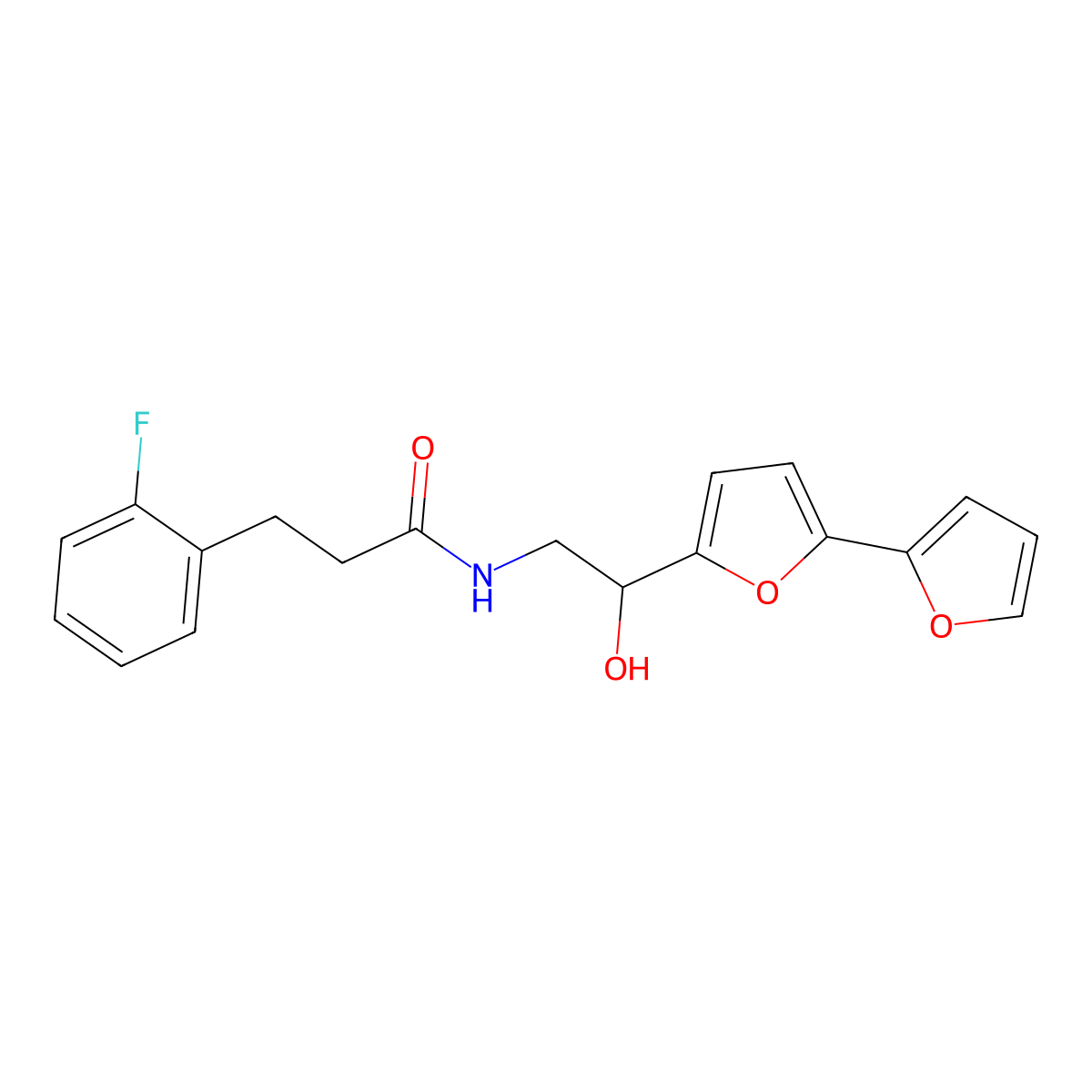 N-(2-{[2,2'-bifuran]-5-yl}-2-hydroxyethyl)-3-(2-fluorophenyl)propanamide molecular structure, CAS 2310143-89-4