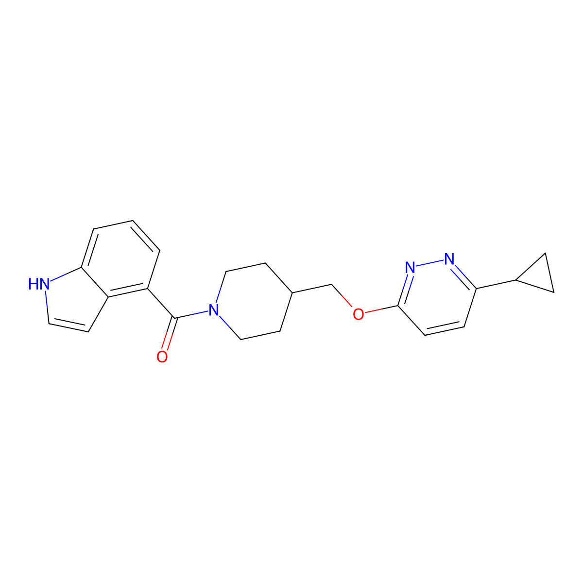 4-(4-{[(6-cyclopropylpyridazin-3-yl)oxy]methyl}piperidine-1-carbonyl)-1H-indole molecular structure, CAS 2310143-93-0