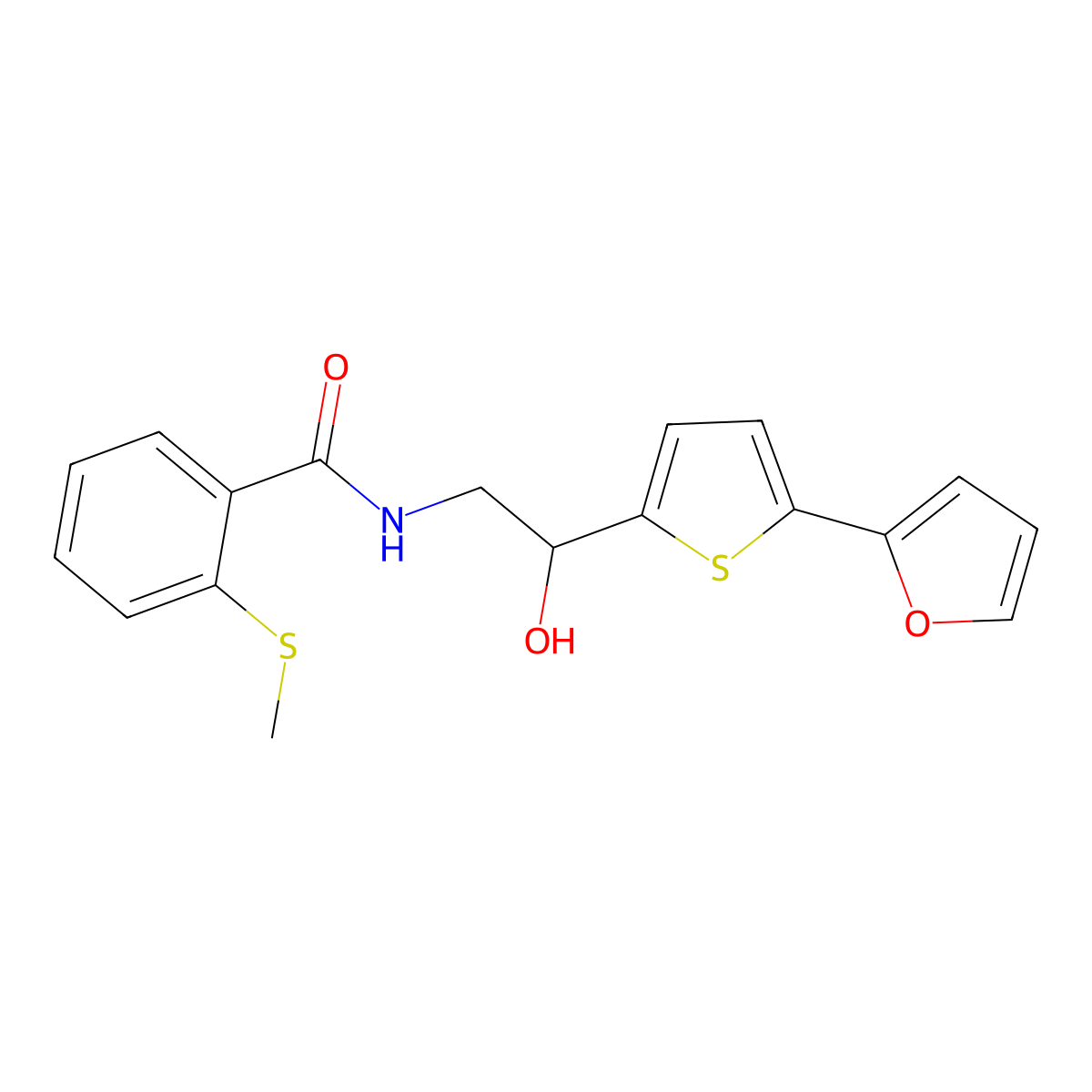 N-{2-[5-(furan-2-yl)thiophen-2-yl]-2-hydroxyethyl}-2-(methylsulfanyl)benzamide molecular structure, CAS 2310144-21-7