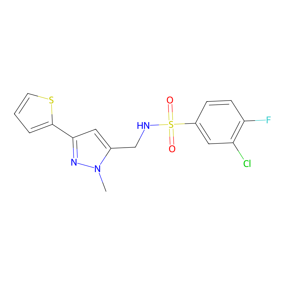 3-chloro-4-fluoro-N-{[1-methyl-3-(thiophen-2-yl)-1H-pyrazol-5-yl]methyl}benzene-1-sulfonamide molecular structure, CAS 2310144-38-6