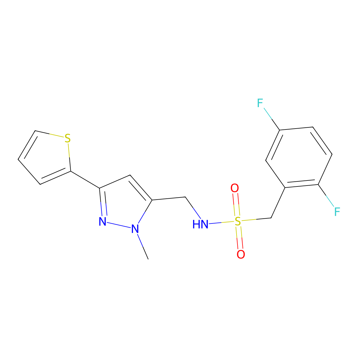 1-(2,5-difluorophenyl)-N-{[1-methyl-3-(thiophen-2-yl)-1H-pyrazol-5-yl]methyl}methanesulfonamide molecular structure, CAS 2310146-19-9