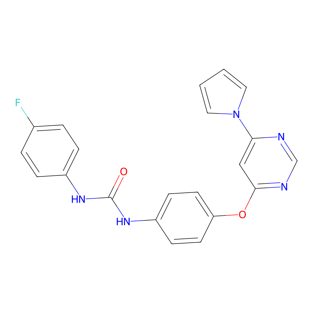1-(4-((6-(1H-pyrrol-1-yl)pyrimidin-4-yl)oxy)phenyl)-3-(4-fluorophenyl)urea molecular structure, CAS 2310146-52-0
