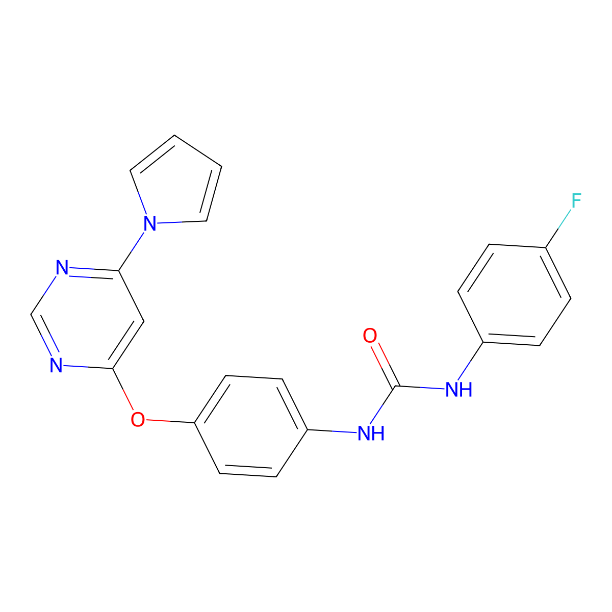 1-(4-((6-(1H-pyrrol-1-yl)pyrimidin-4-yl)oxy)phenyl)-3-(4-fluorophenyl)urea molecular structure, CAS 2310146-52-0