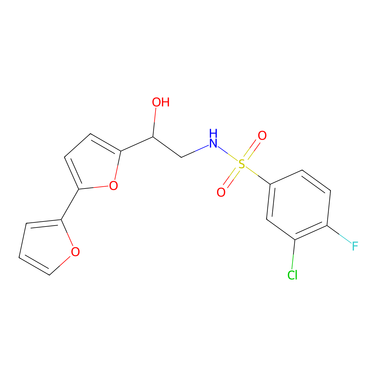 N-(2-{[2,2'-bifuran]-5-yl}-2-hydroxyethyl)-3-chloro-4-fluorobenzene-1-sulfonamide molecular structure, CAS 2310146-79-1
