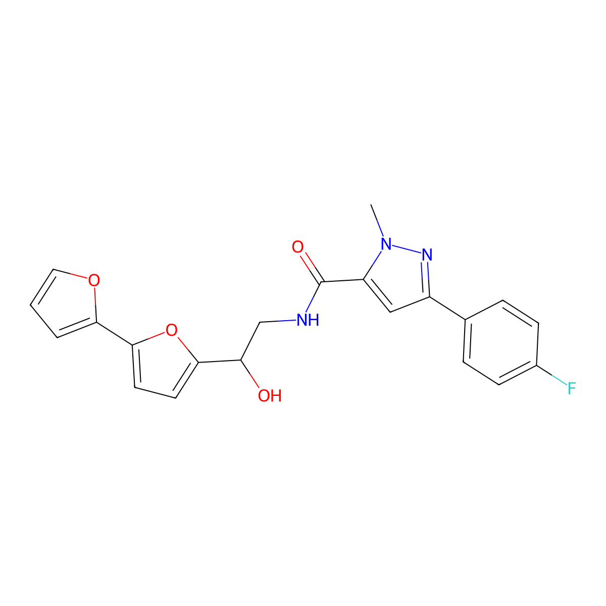 N-(2-{[2,2'-bifuran]-5-yl}-2-hydroxyethyl)-3-(4-fluorophenyl)-1-methyl-1H-pyrazole-5-carboxamide molecular structure, CAS 2310146-86-0