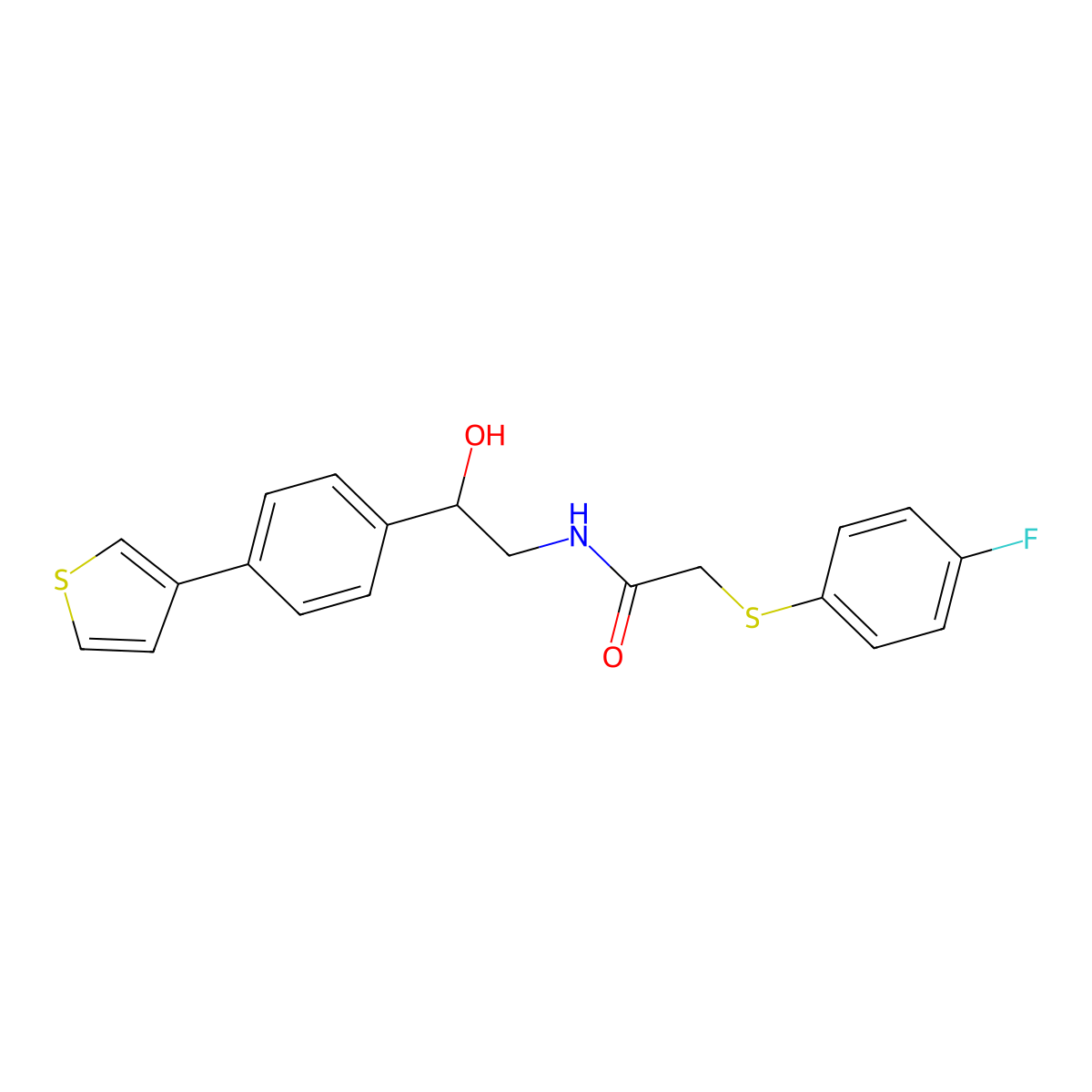 2-[(4-fluorophenyl)sulfanyl]-N-{2-hydroxy-2-[4-(thiophen-3-yl)phenyl]ethyl}acetamide molecular structure, CAS 2310147-13-6