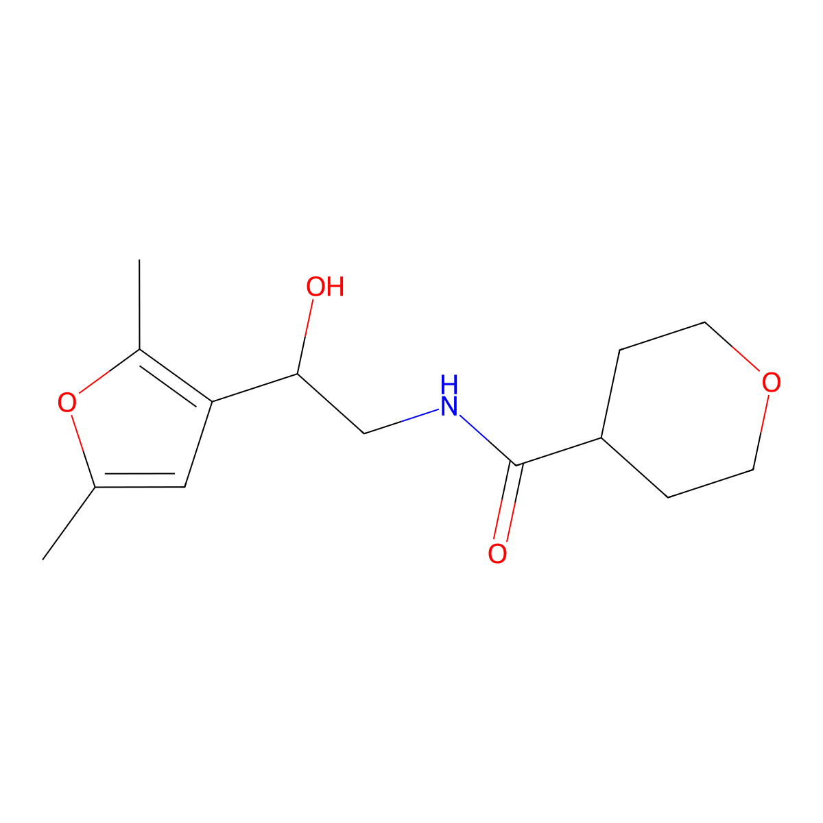 N-[2-(2,5-dimethylfuran-3-yl)-2-hydroxyethyl]oxane-4-carboxamide molecular structure, CAS 2310147-76-1