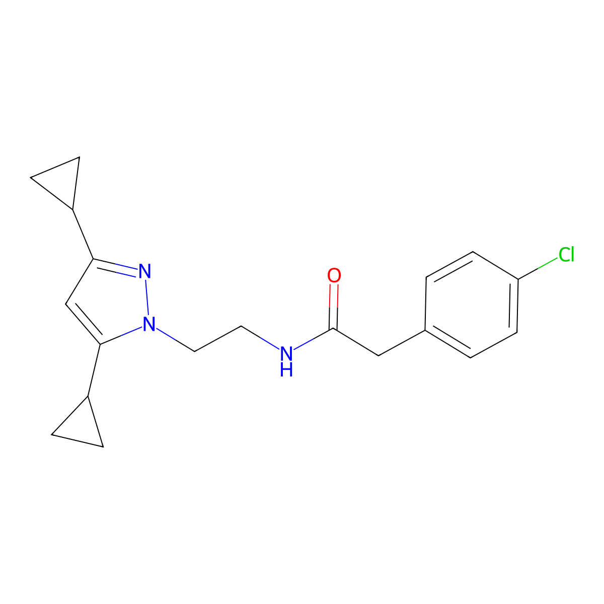 2-(4-chlorophenyl)-N-[2-(3,5-dicyclopropyl-1H-pyrazol-1-yl)ethyl]acetamide molecular structure, CAS 2310152-16-8