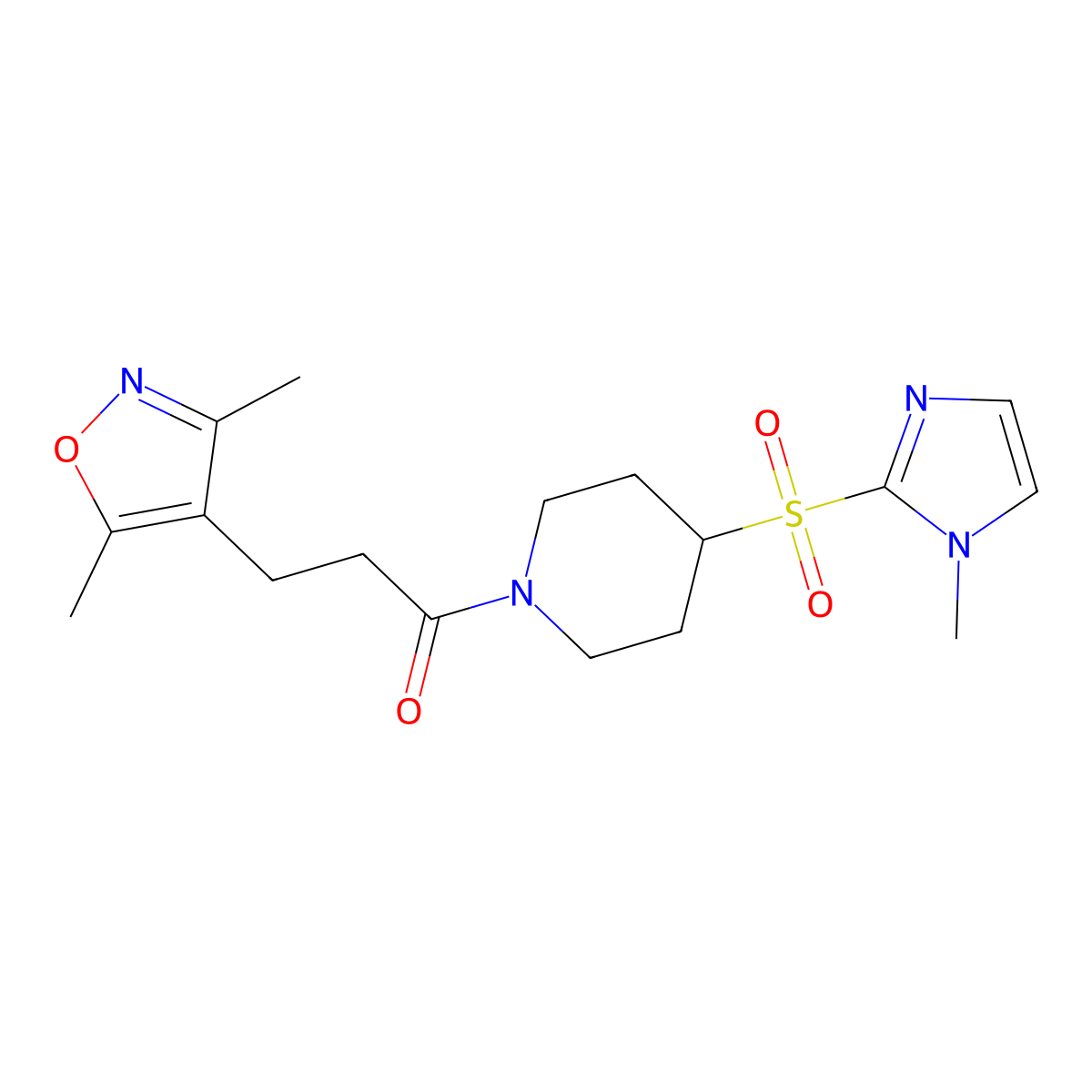 3-(3,5-dimethylisoxazol-4-yl)-1-(4-((1-methyl-1H-imidazol-2-yl)sulfonyl)piperidin-1-yl)propan-1-one molecular structure, CAS 2310152-98-6