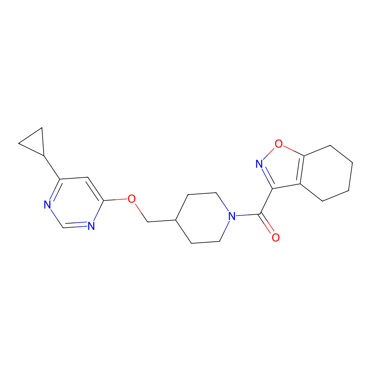 3-(4-{[(6-Cyclopropylpyrimidin-4-yl)oxy]methyl}piperidine-1-carbonyl)-4,5,6,7-tetrahydro-1,2-benzoxazole molecular structure, CAS 2310153-25-2