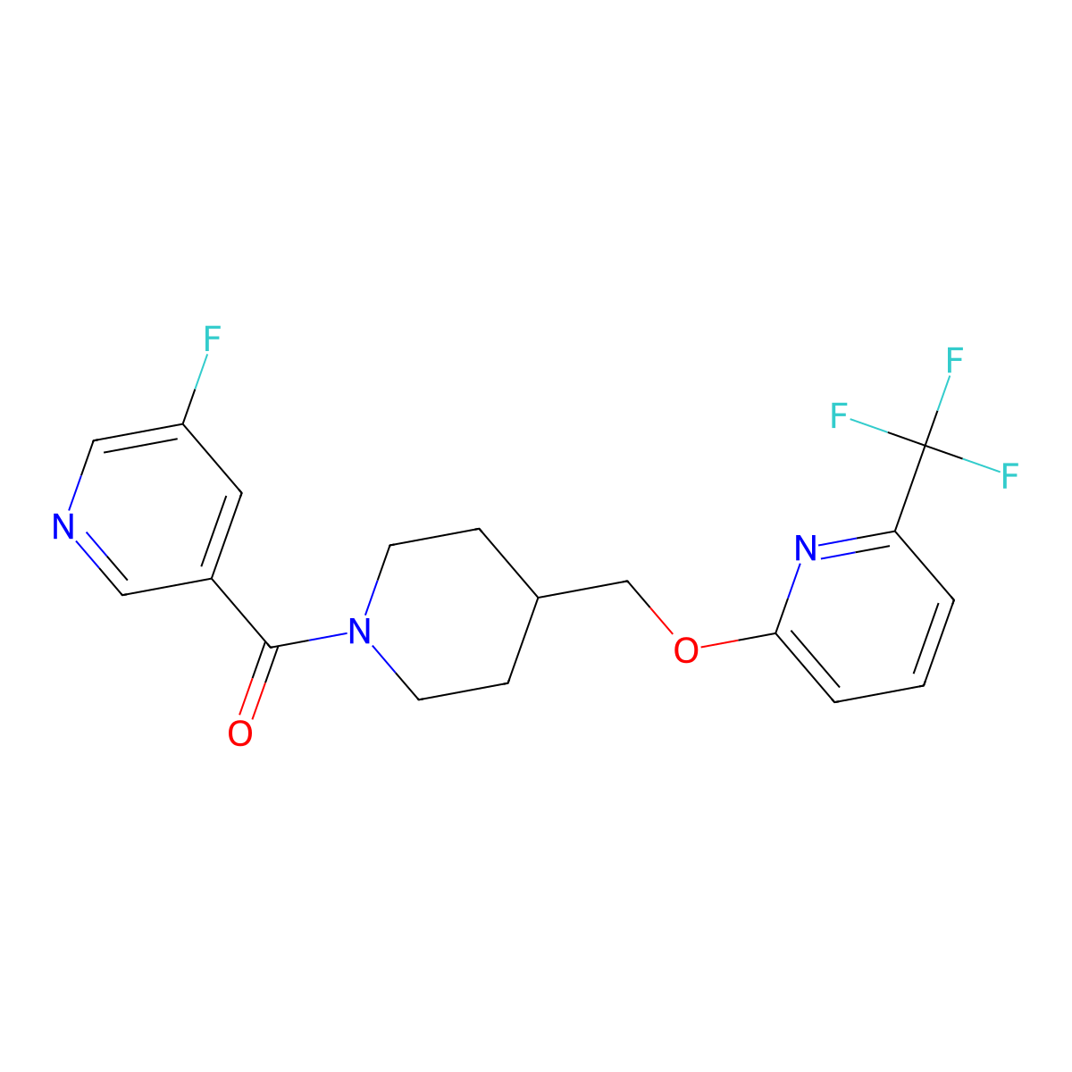 3-Fluoro-5-[4-({[6-(trifluoromethyl)pyridin-2-yl]oxy}methyl)piperidine-1-carbonyl]pyridine molecular structure, CAS 2310153-58-1