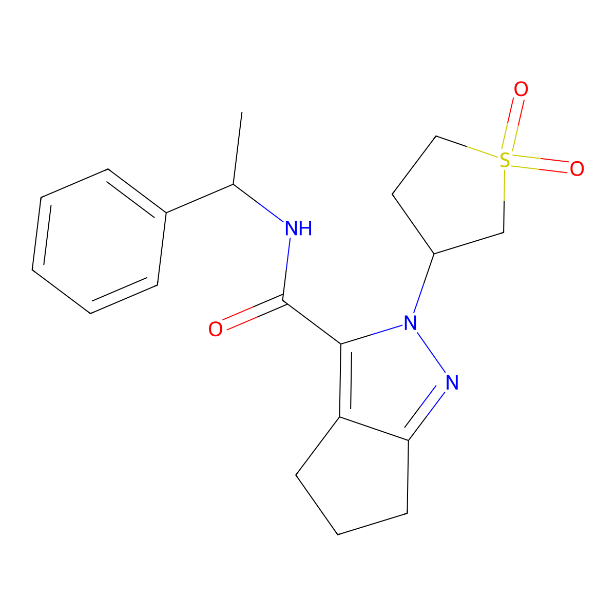 2-(1,1-dioxidotetrahydrothiophen-3-yl)-N-(1-phenylethyl)-2,4,5,6-tetrahydrocyclopenta[c]pyrazole-3-carboxamide molecular structure, CAS 2310153-86-5