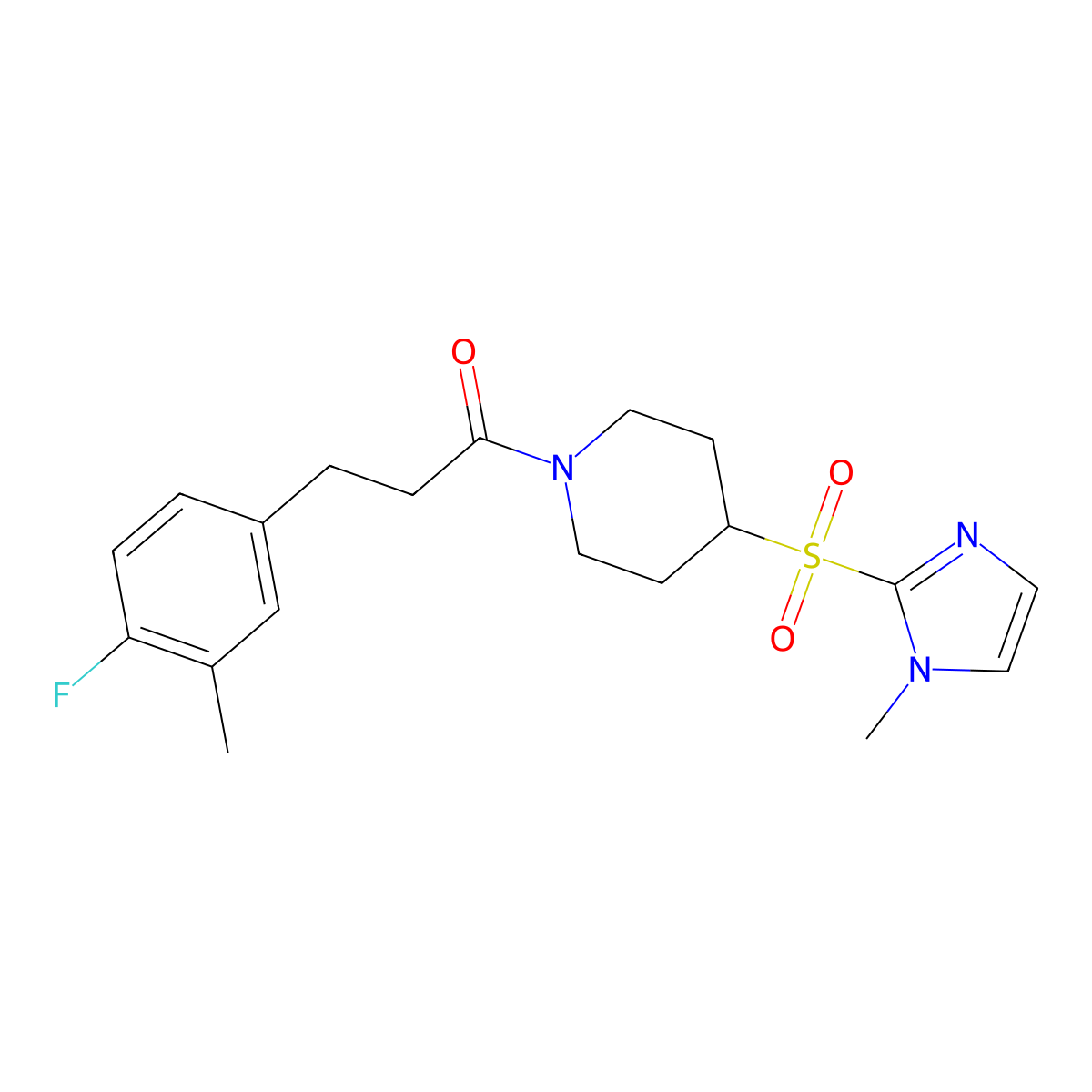 3-(4-fluoro-3-methylphenyl)-1-(4-((1-methyl-1H-imidazol-2-yl)sulfonyl)piperidin-1-yl)propan-1-one molecular structure, CAS 2310154-13-1