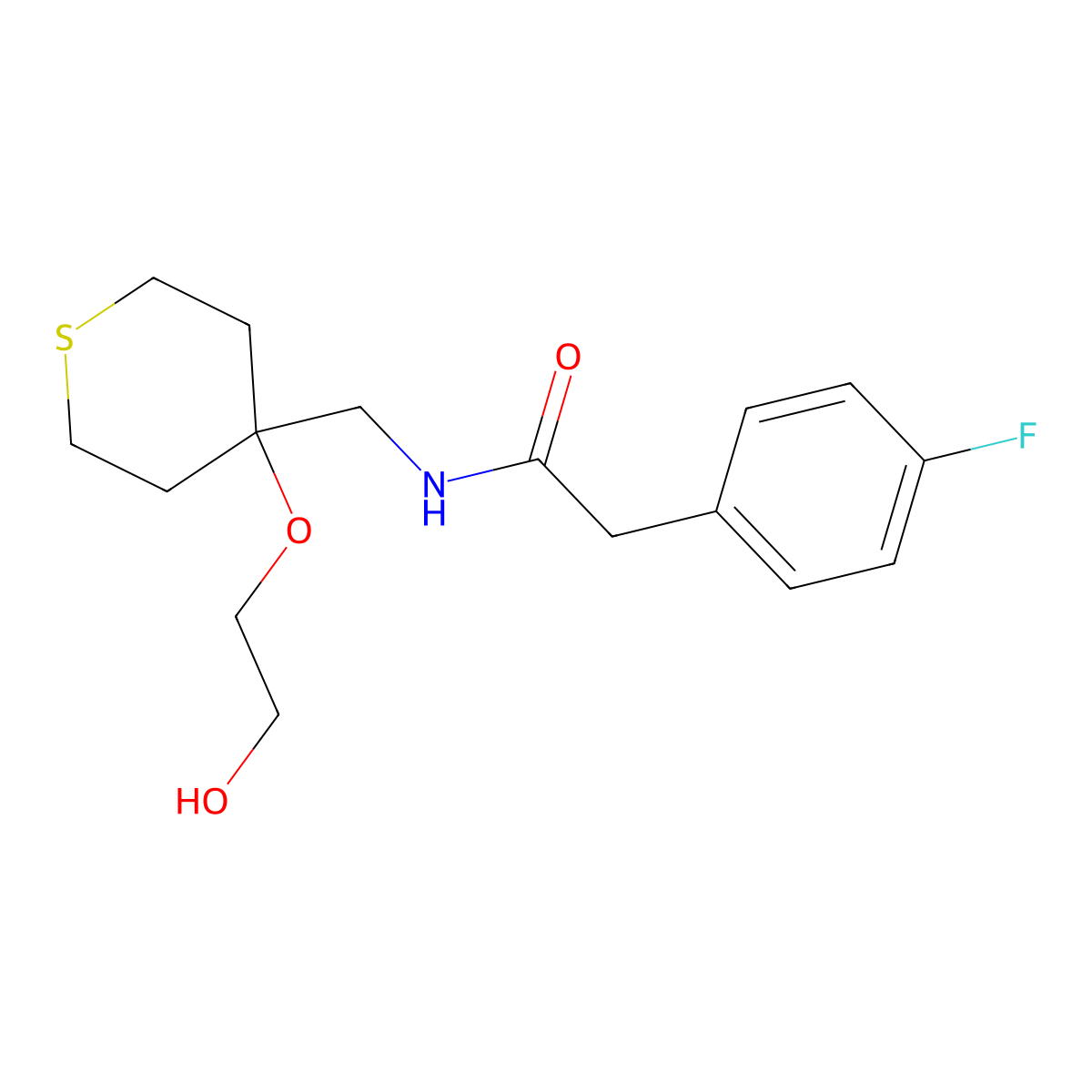 2-(4-fluorophenyl)-N-{[4-(2-hydroxyethoxy)thian-4-yl]methyl}acetamide molecular structure, CAS 2310155-58-7