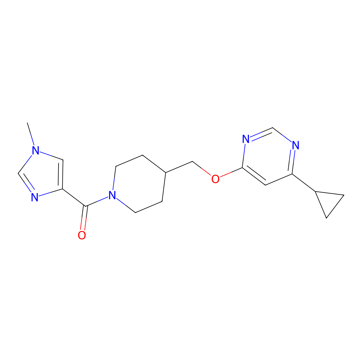 4-cyclopropyl-6-{[1-(1-methyl-1H-imidazole-4-carbonyl)piperidin-4-yl]methoxy}pyrimidine molecular structure, CAS 2310155-93-0