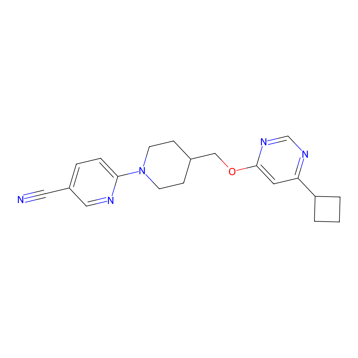 6-(4-{[(6-Cyclobutylpyrimidin-4-yl)oxy]methyl}piperidin-1-yl)pyridine-3-carbonitrile molecular structure, CAS 2310157-45-8