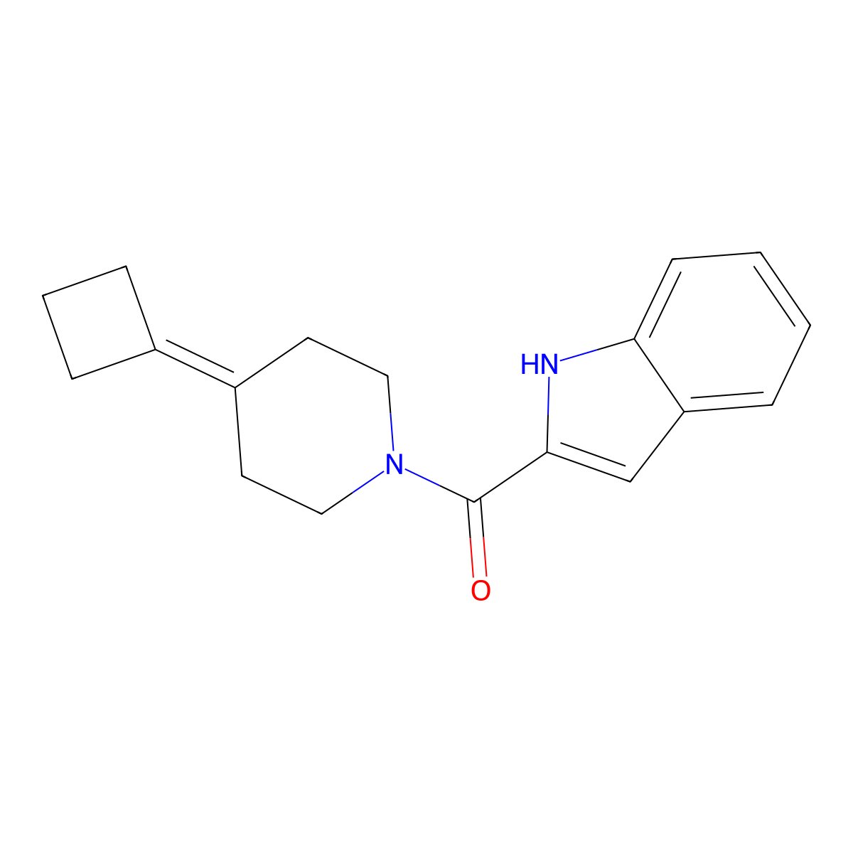 2-(4-cyclobutylidenepiperidine-1-carbonyl)-1H-indole molecular structure, CAS 2310157-82-3