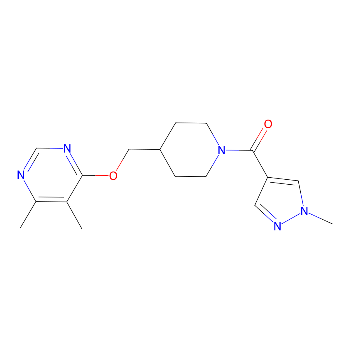 4,5-dimethyl-6-{[1-(1-methyl-1H-pyrazole-4-carbonyl)piperidin-4-yl]methoxy}pyrimidine molecular structure, CAS 2310158-53-1