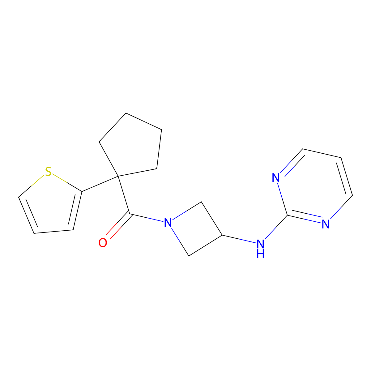 (3-(Pyrimidin-2-ylamino)azetidin-1-yl)(1-(thiophen-2-yl)cyclopentyl)methanone molecular structure, CAS 2310158-94-0