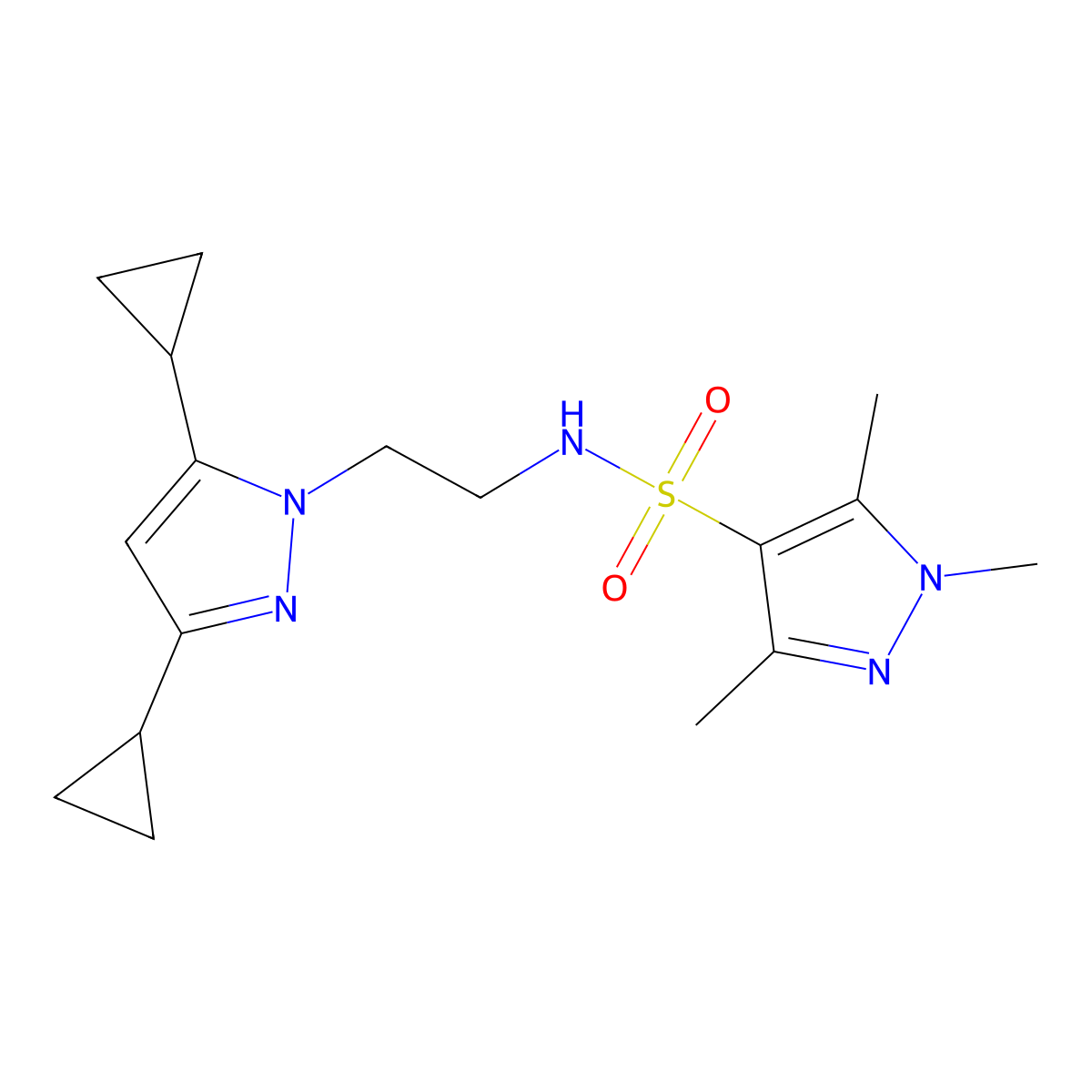 N-[2-(3,5-dicyclopropyl-1H-pyrazol-1-yl)ethyl]-1,3,5-trimethyl-1H-pyrazole-4-sulfonamide molecular structure, CAS 2310159-59-0