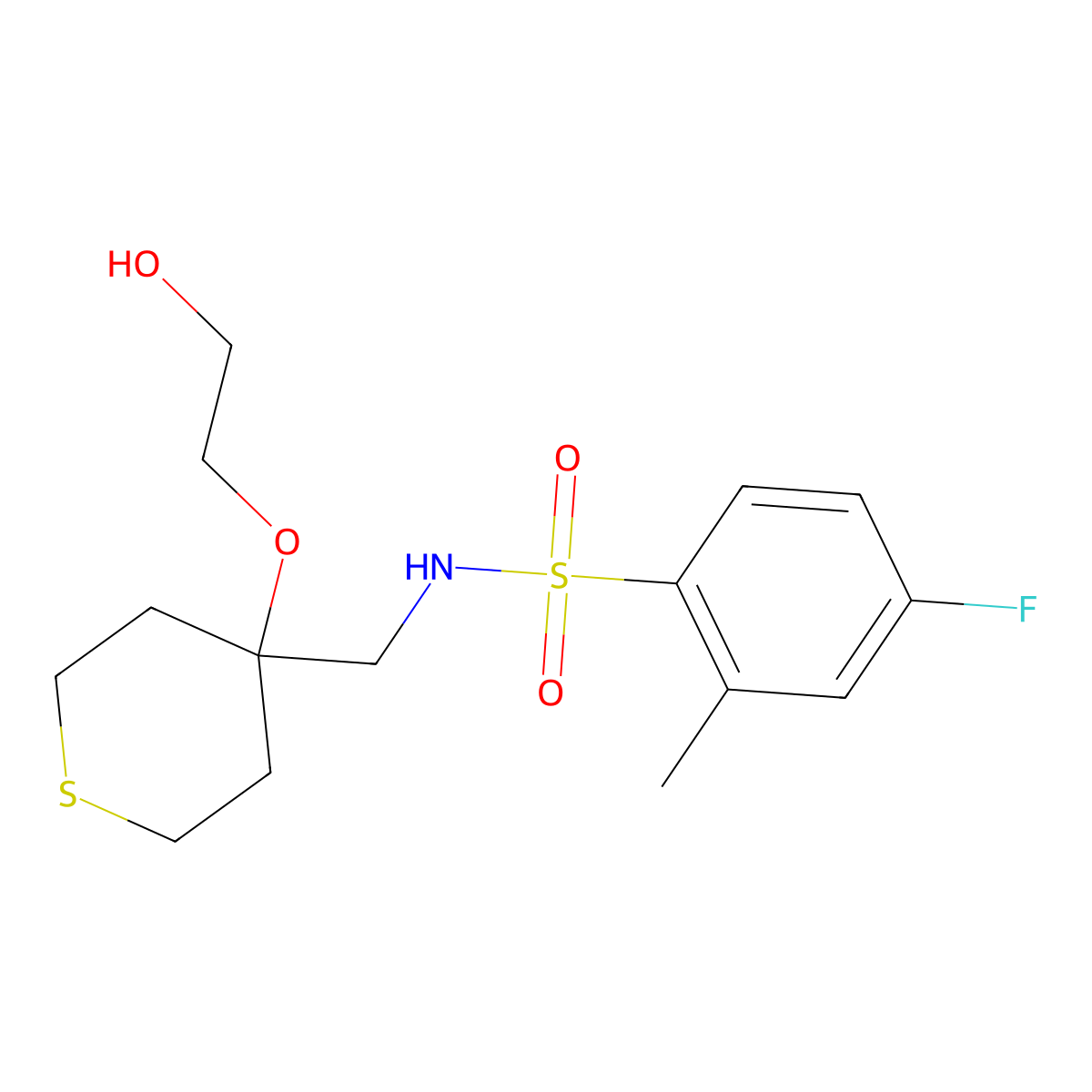 4-fluoro-N-{[4-(2-hydroxyethoxy)thian-4-yl]methyl}-2-methylbenzene-1-sulfonamide molecular structure, CAS 2310159-84-1