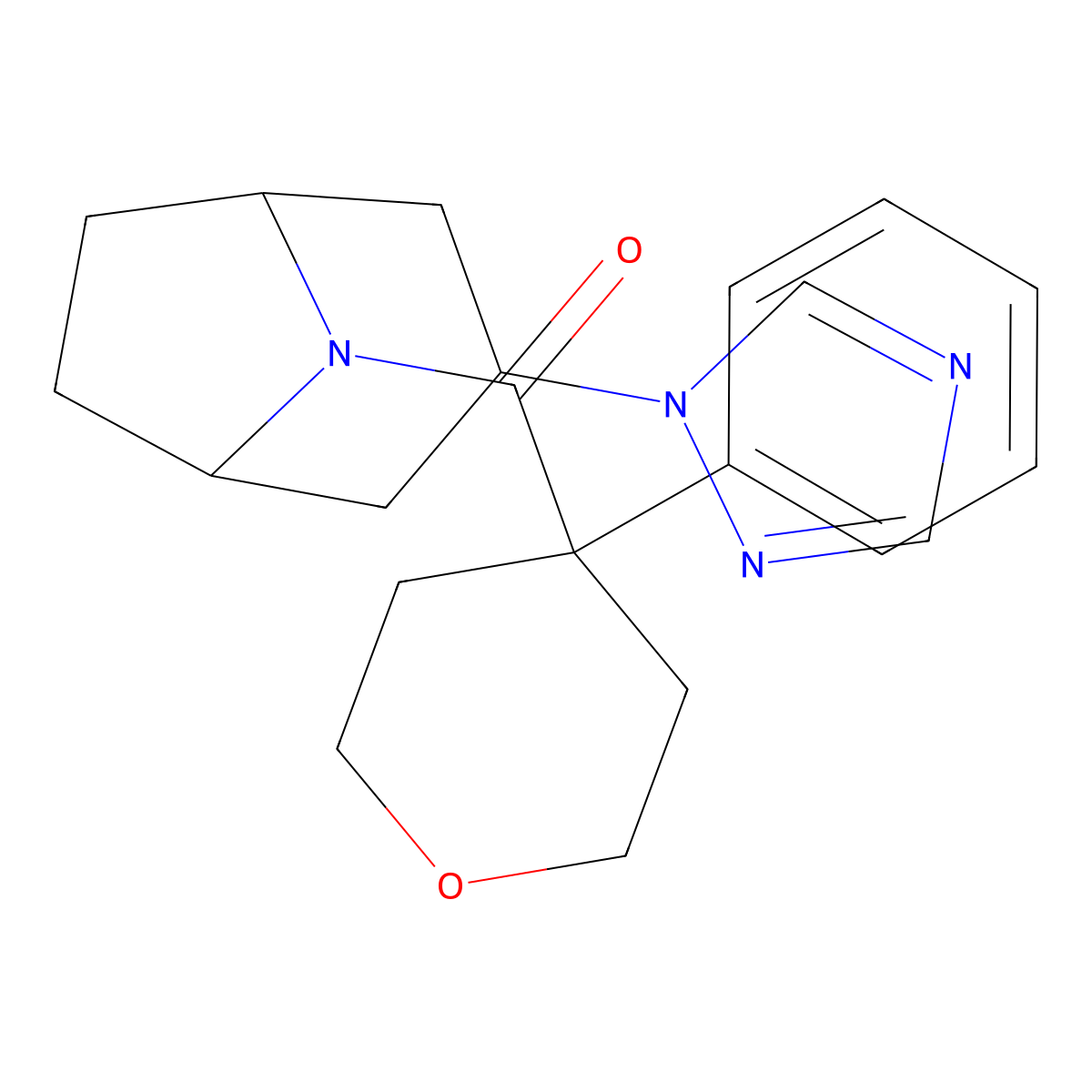 8-(4-phenyloxane-4-carbonyl)-3-(1H-1,2,4-triazol-1-yl)-8-azabicyclo[3.2.1]octane molecular structure, CAS 2310160-33-7