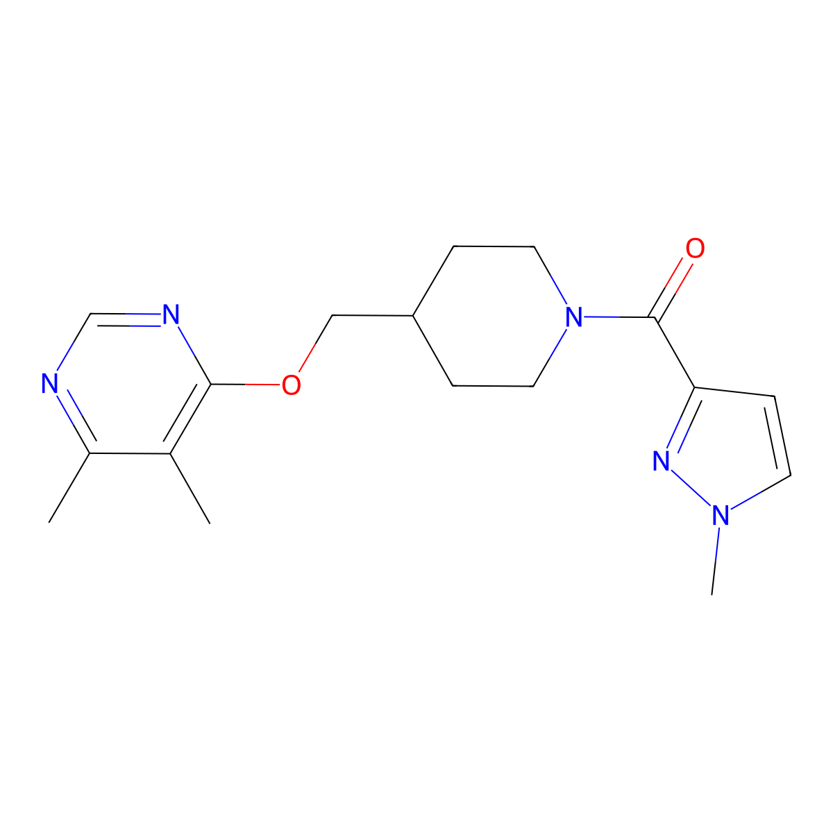 4,5-dimethyl-6-{[1-(1-methyl-1H-pyrazole-3-carbonyl)piperidin-4-yl]methoxy}pyrimidine molecular structure, CAS 2310199-40-5