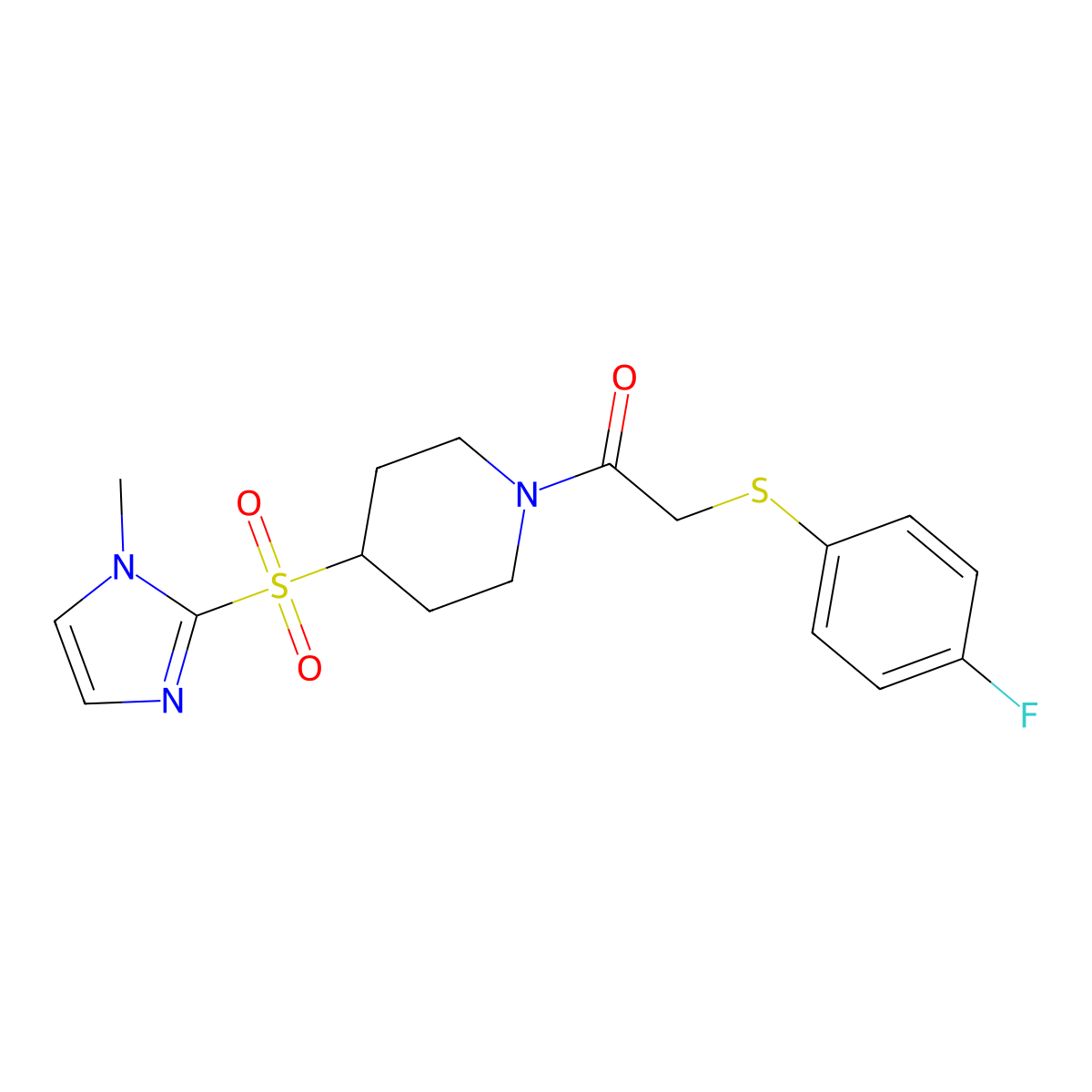 2-((4-fluorophenyl)thio)-1-(4-((1-methyl-1H-imidazol-2-yl)sulfonyl)piperidin-1-yl)ethanone molecular structure, CAS 2310205-39-9