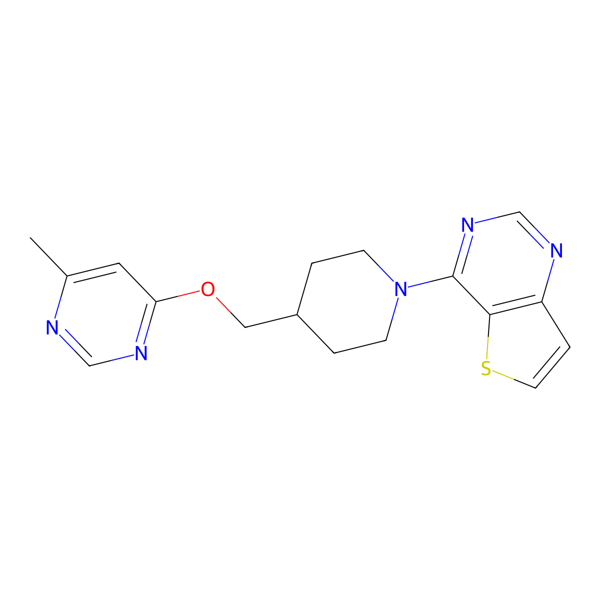 4-Methyl-6-[(1-{thieno[3,2-d]pyrimidin-4-yl}piperidin-4-yl)methoxy]pyrimidine molecular structure, CAS 2310205-42-4
