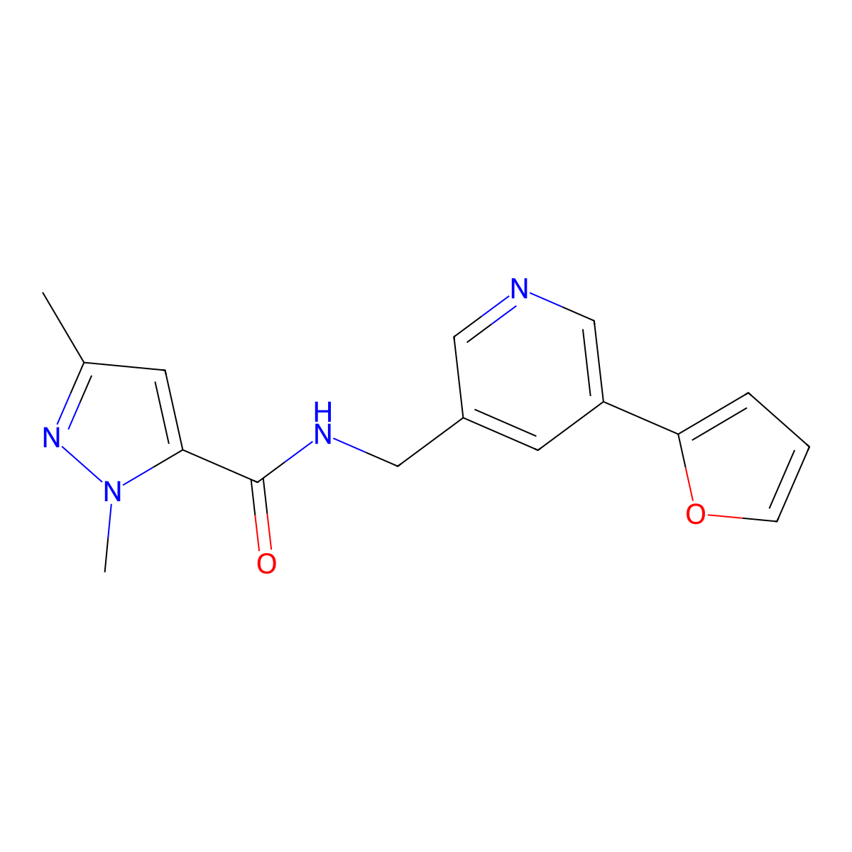 N-{[5-(furan-2-yl)pyridin-3-yl]methyl}-1,3-dimethyl-1H-pyrazole-5-carboxamide molecular structure, CAS 2310205-57-1