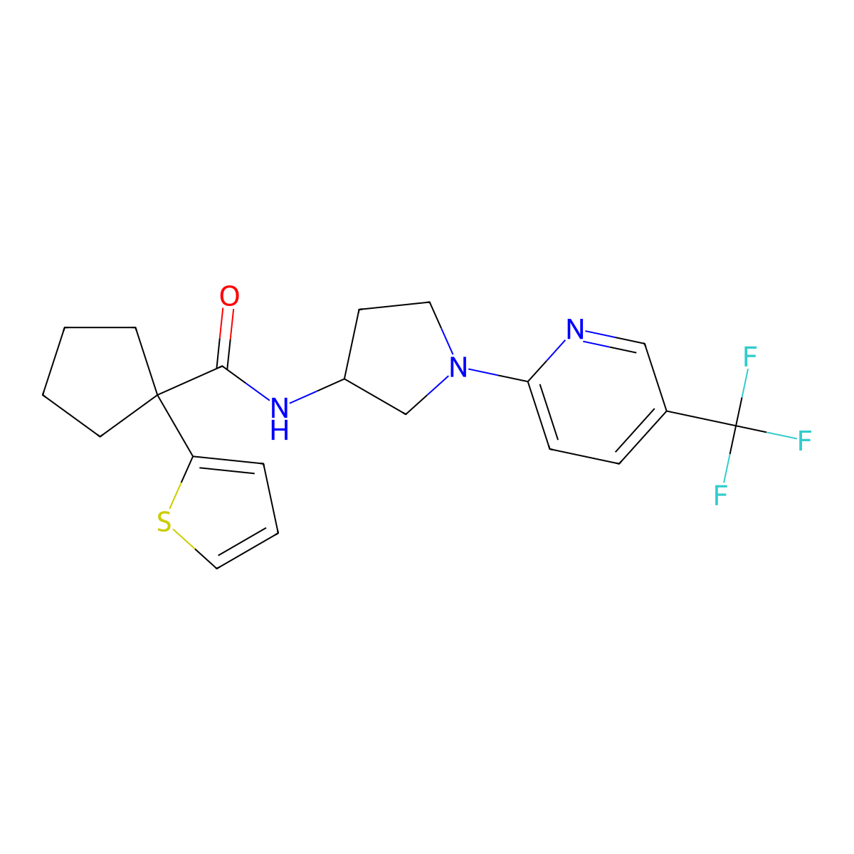 1-(thiophen-2-yl)-N-(1-(5-(trifluoromethyl)pyridin-2-yl)pyrrolidin-3-yl)cyclopentanecarboxamide molecular structure, CAS 2310206-49-4