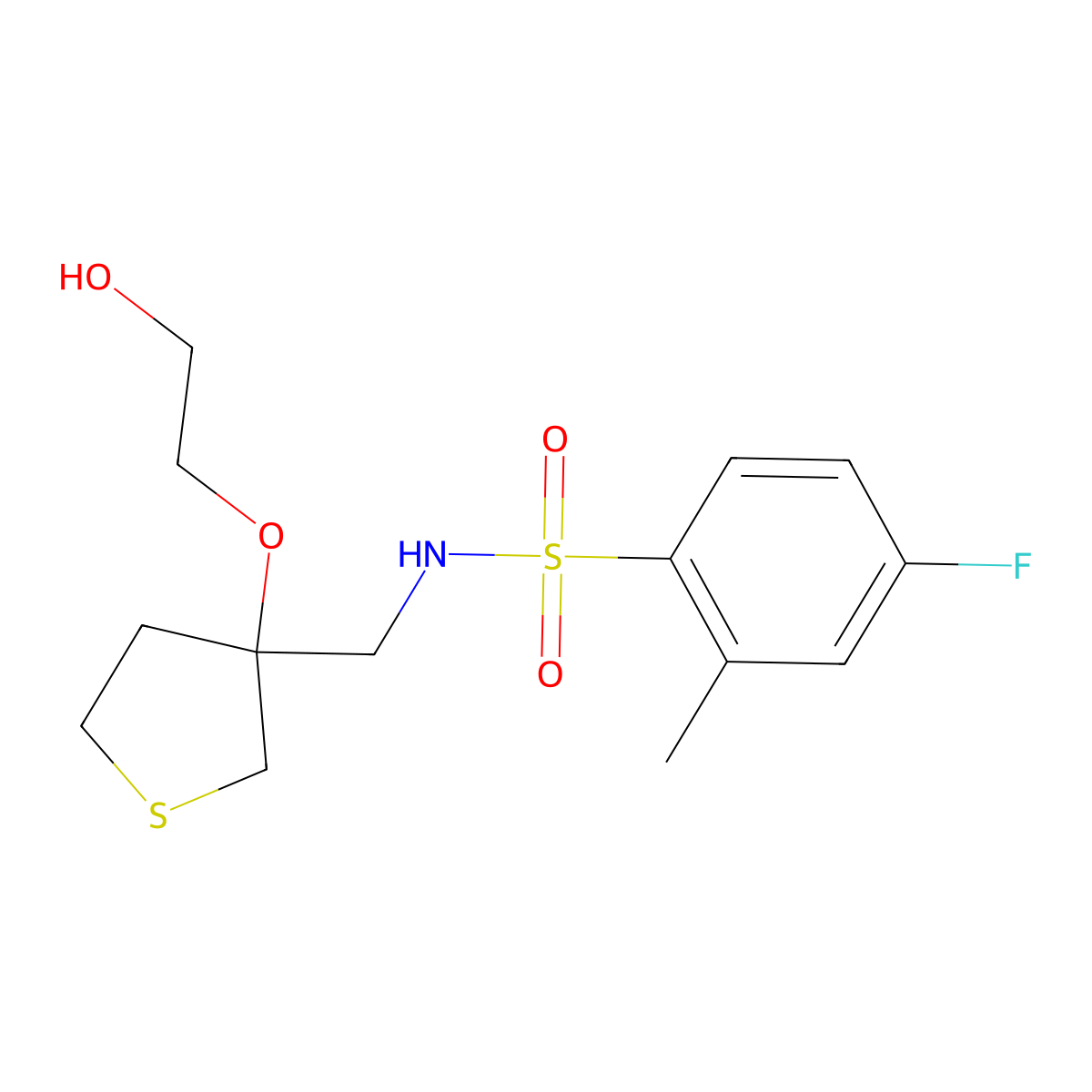 4-fluoro-N-{[3-(2-hydroxyethoxy)thiolan-3-yl]methyl}-2-methylbenzene-1-sulfonamide molecular structure, CAS 2310206-79-0