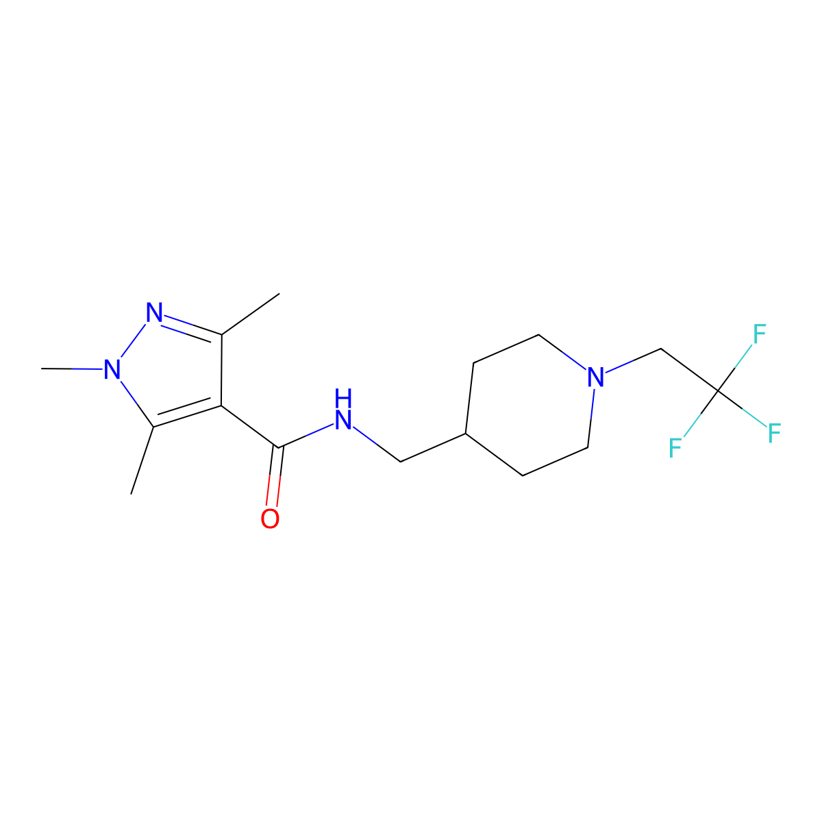 1,3,5-trimethyl-N-{[1-(2,2,2-trifluoroethyl)piperidin-4-yl]methyl}-1H-pyrazole-4-carboxamide molecular structure, CAS 2310207-12-4