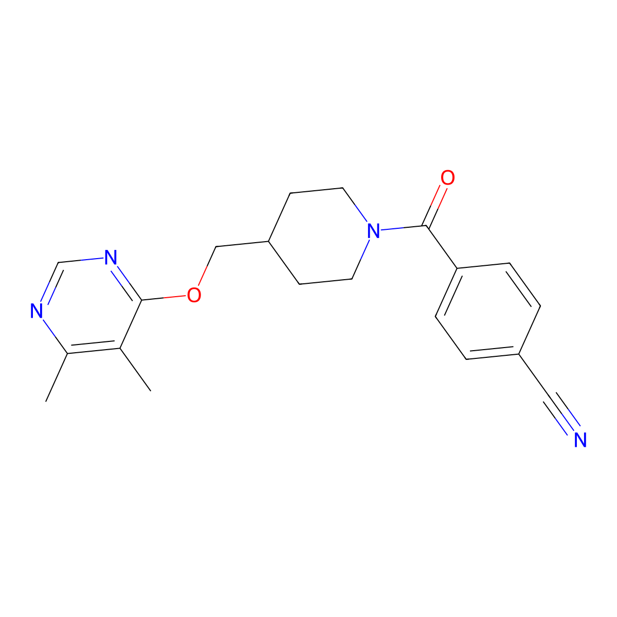 4-(4-(((5,6-Dimethylpyrimidin-4-yl)oxy)methyl)piperidine-1-carbonyl)benzonitrile molecular structure, CAS 2310207-51-1