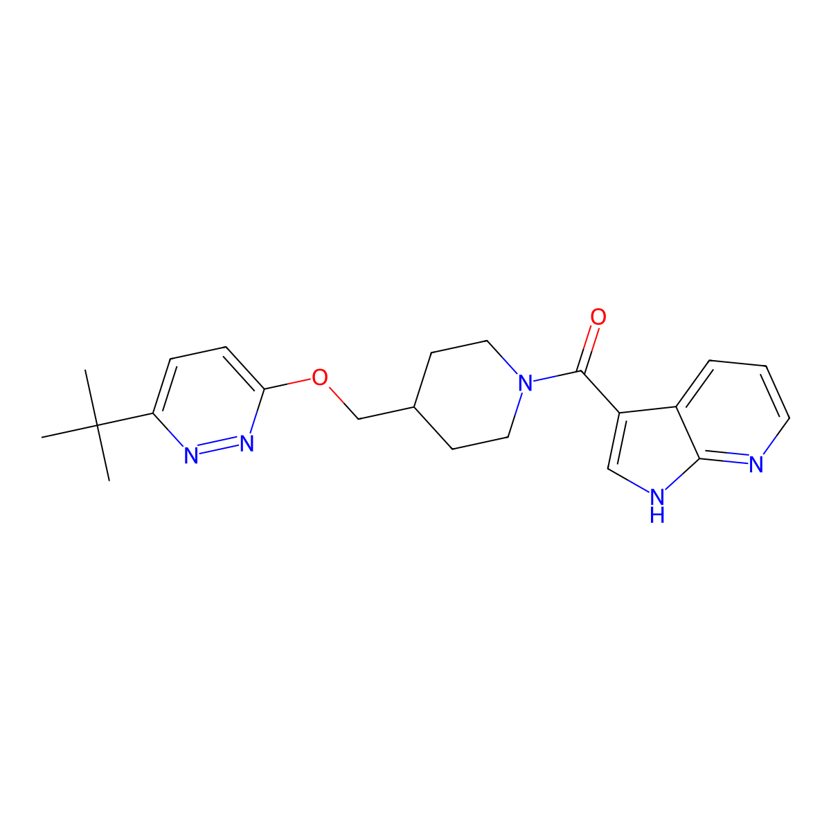 3-tert-butyl-6-[(1-{1H-pyrrolo[2,3-b]pyridine-3-carbonyl}piperidin-4-yl)methoxy]pyridazine molecular structure, CAS 2310208-57-0