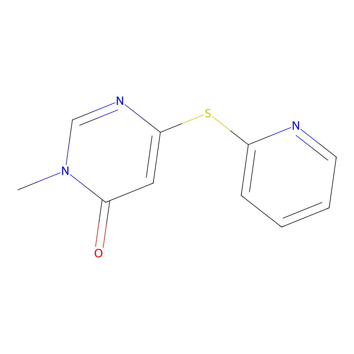 3-Methyl-6-(pyridin-2-ylsulfanyl)-3,4-dihydropyrimidin-4-one molecular structure, CAS 2310224-38-3