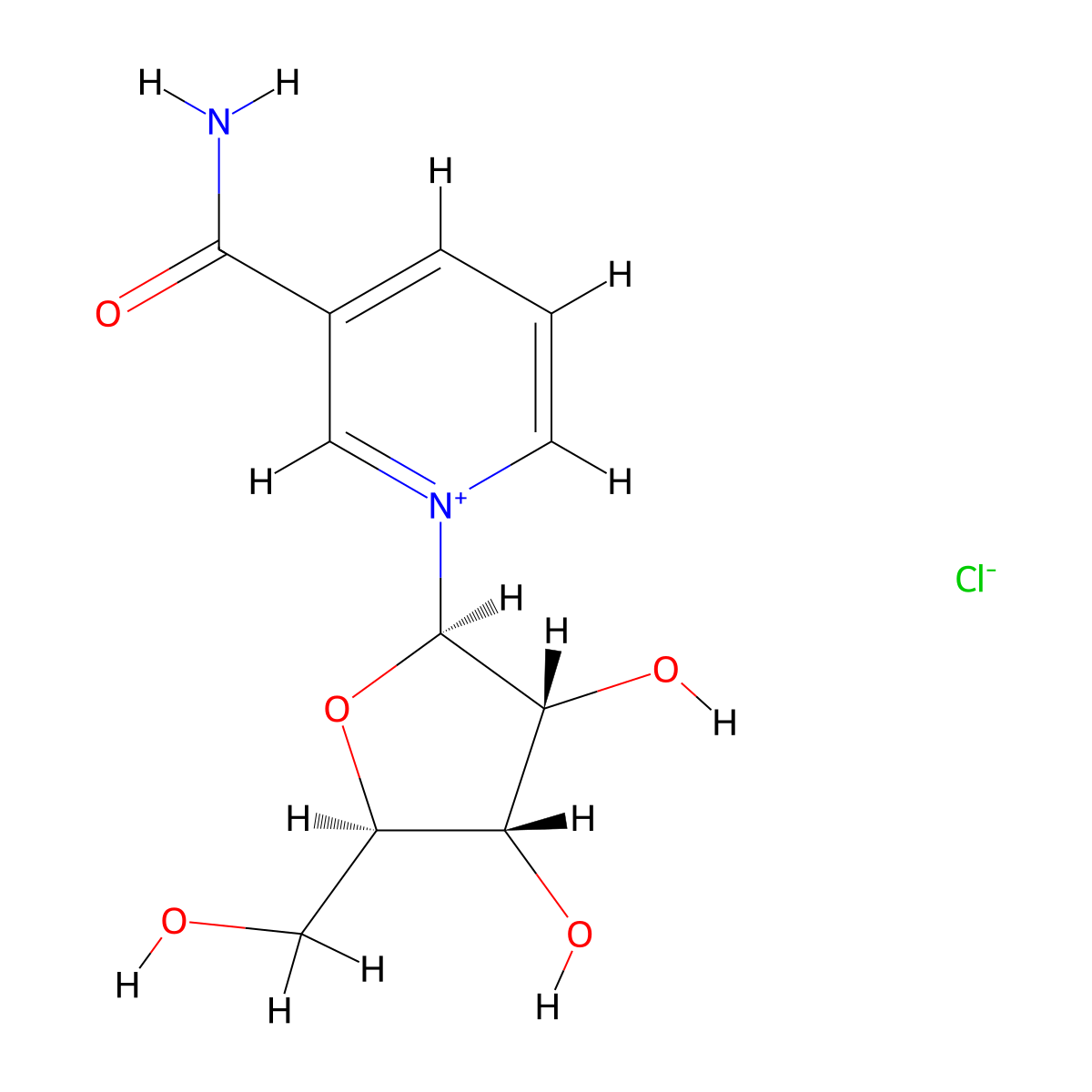 Pyridinium, 3-(aminocarbonyl)-1-beta-D-ribofuranosyl-, chloride (1:1) molecular structure, CAS 23111-00-4