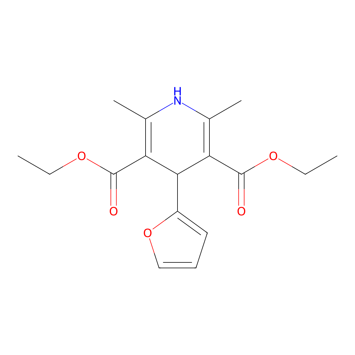 3,5-Diethyl 4-(2-furanyl)-1,4-dihydro-2,6-dimethyl-3,5-pyridinedicarboxylate molecular structure, CAS 23118-56-1