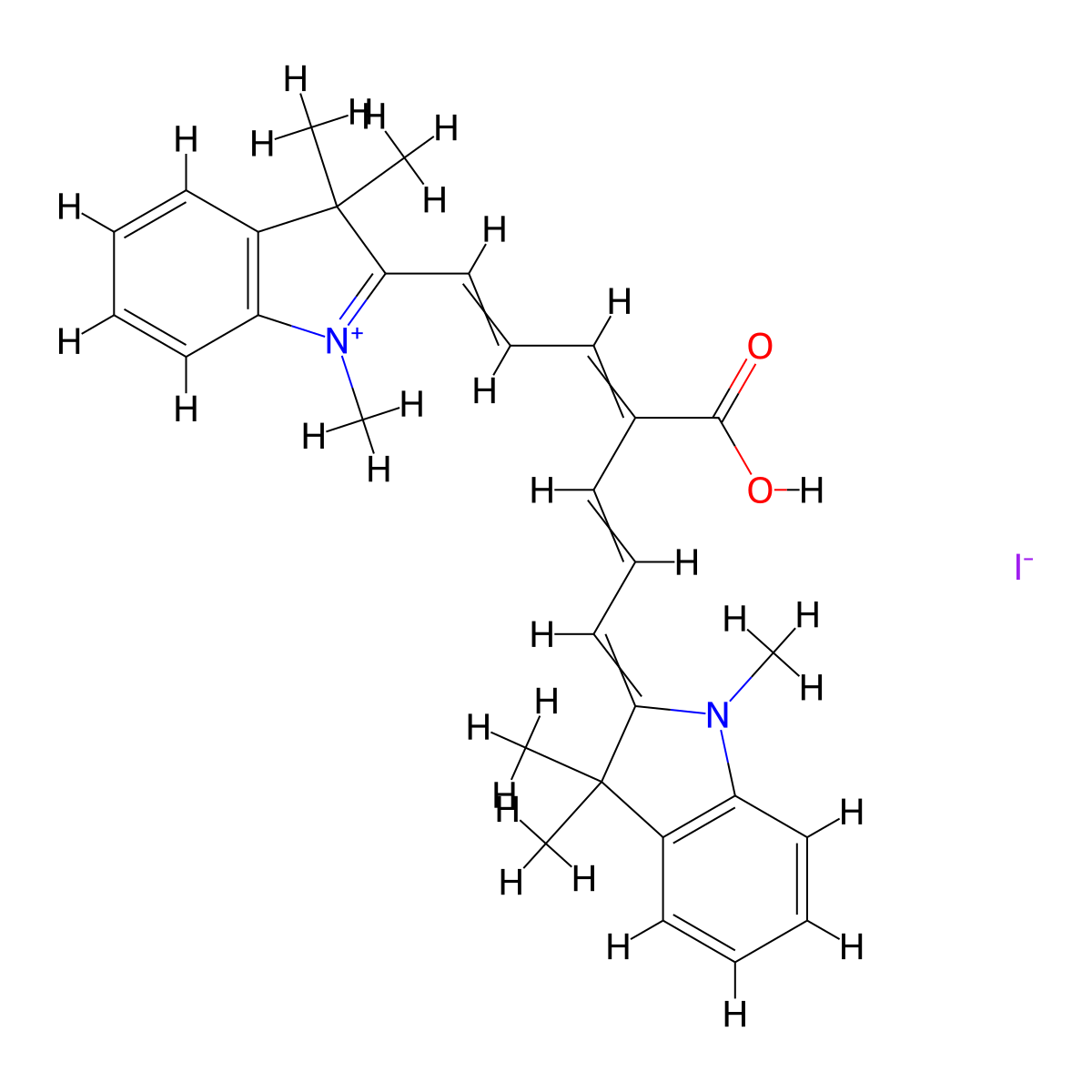 2-((1E,3Z,5E,7E)-4-Carboxy-7-(1,3,3-trimethyl-1,3-dihydro-2H-indol-2-ylidene)-1,3,5-heptatrien-1-yl)-1,3,3-trimethyl-3H-indolium Iodide molecular structure, CAS 2311980-68-2