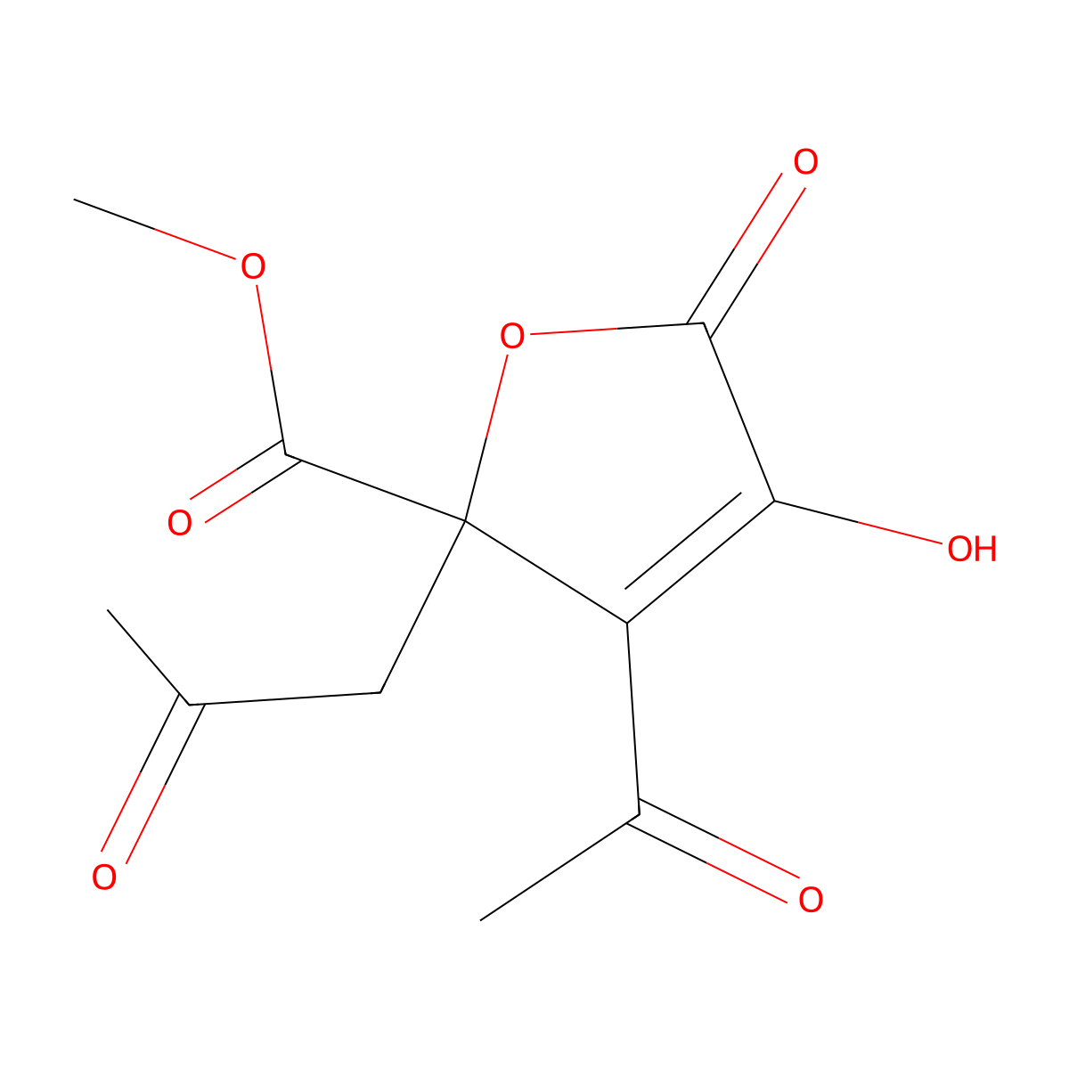 Methyl 3-acetyl-2,5-dihydro-4-hydroxy-5-oxo-2-(2-oxopropyl)-2-furoate molecular structure, CAS 23127-83-5