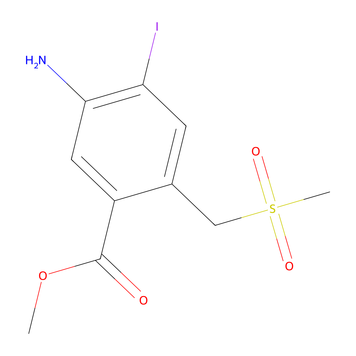Methyl 5-amino-4-iodo-2-((methylsulfonyl)methyl)benzoate molecular structure, CAS 2313230-37-2