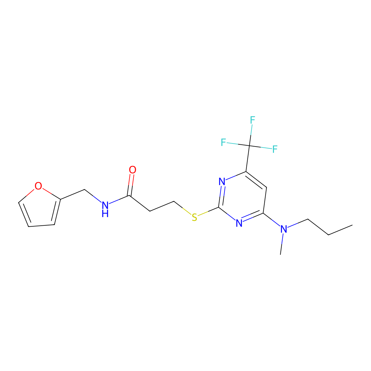 N-(Furan-2-ylmethyl)-3-((4-(methyl(propyl)amino)-6-(trifluoromethyl)pyrimidin-2-yl)thio)propanamide molecular structure, CAS 2313525-20-9
